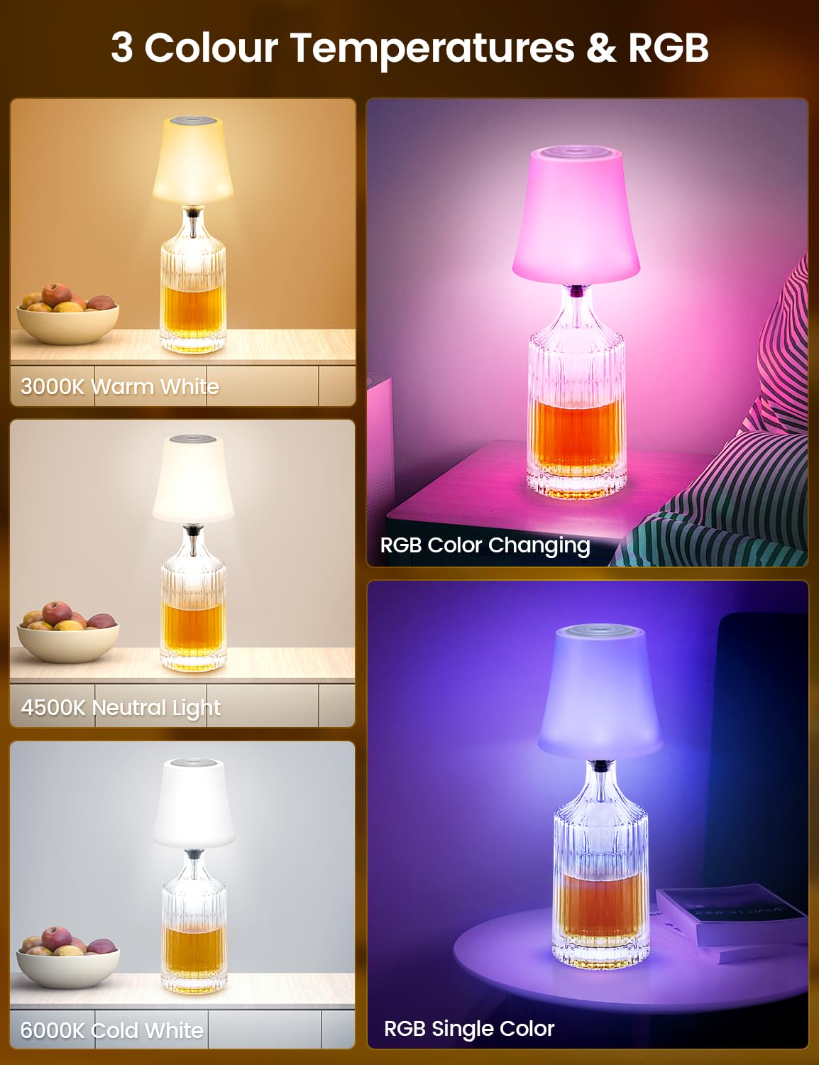 LED Akku Flaschenlampe, Touch Kabellose Tischleuchte mit 7 Modi Stufenlos