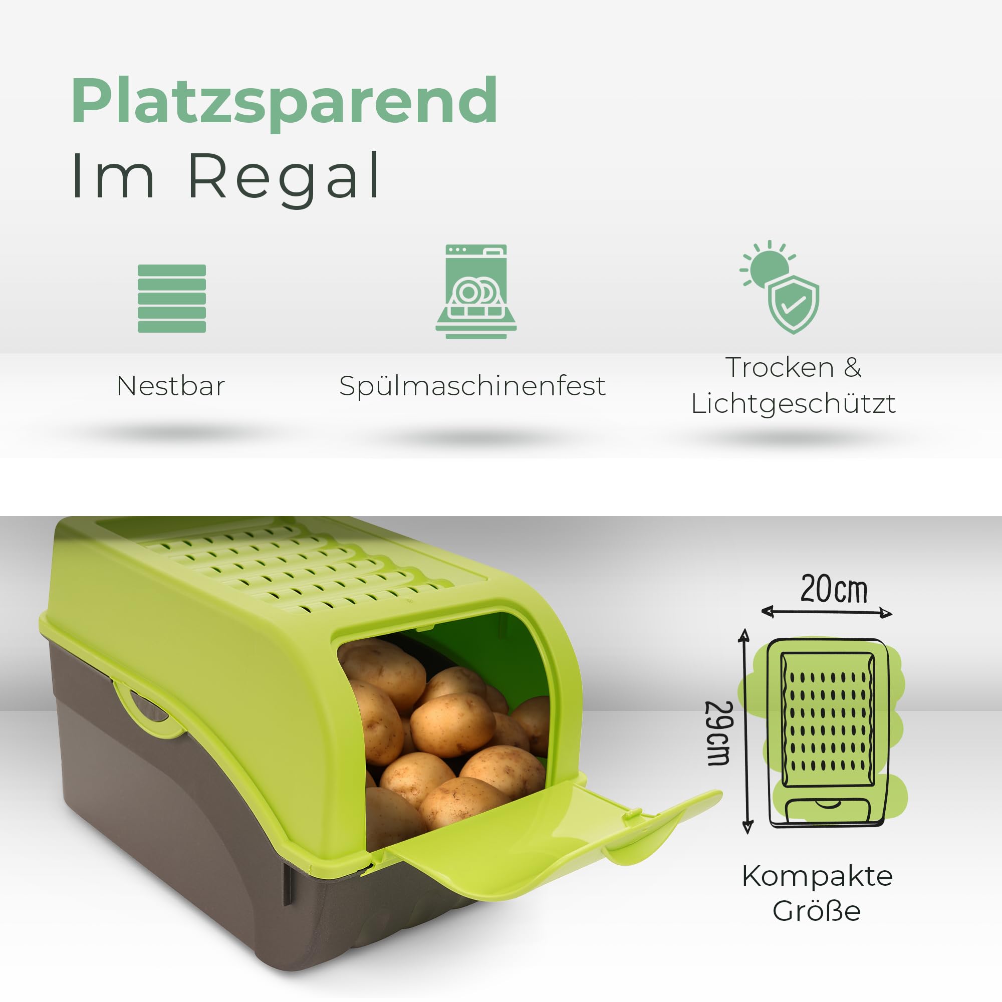 Novaliv Kartoffel Aufbewahrungsbox | 3x groß 9L | GRÜN | Kartoffelbox | Gemüsebox stapelbar Zwiebelbox Kartoffelkorb Obstbehälter Kartoffelkiste Zwiebel Aufbewahrung Frischhaltedose Möhren