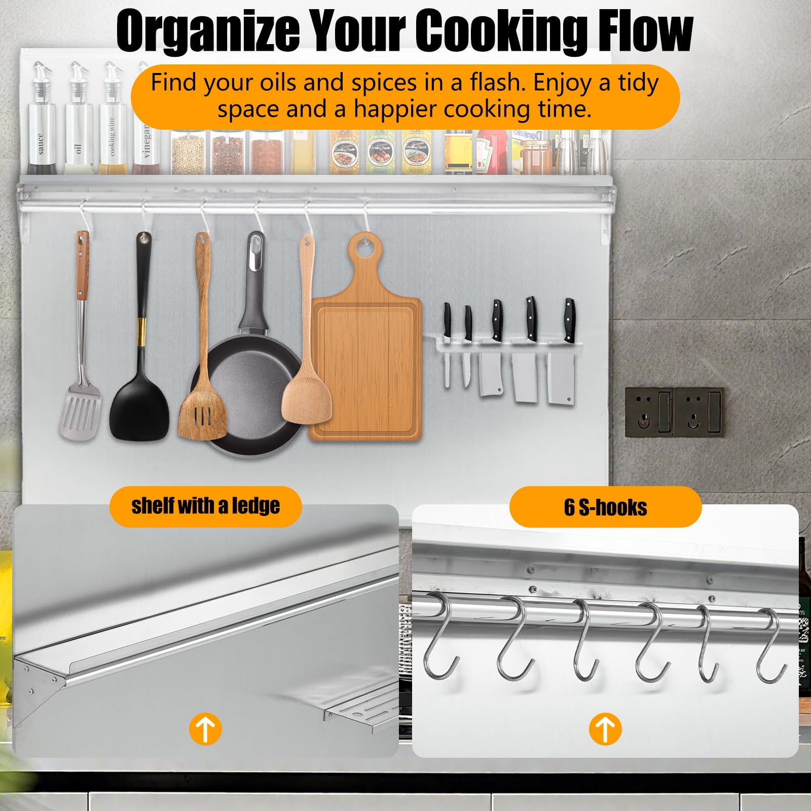 30"x30" Stainless Steel Range Backsplash for Stove Hood, Wall Mount Panel with Storage Shelf & Knife Rack, Commercial Backsplash Shield, Pre-Drilled Holes for Easy Installation & Cleaning - 5