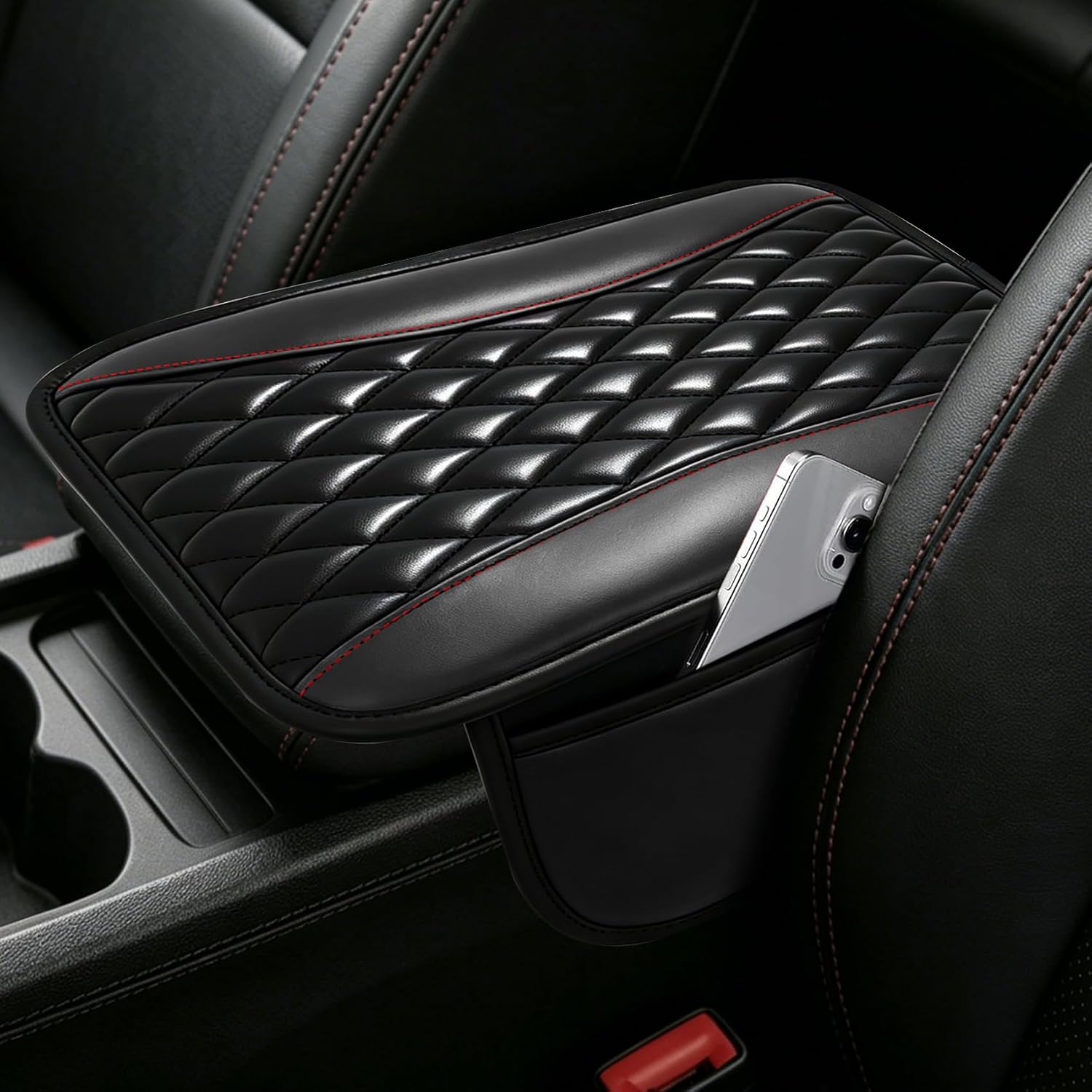 Patchwork Leather Car Center Console Cover, Auto Armrest Protective Pad with 2 Side Storage Pockets, Universal Automotive Interior Leather Armrest Cushion for Most SUVs, Sedans and Trucks