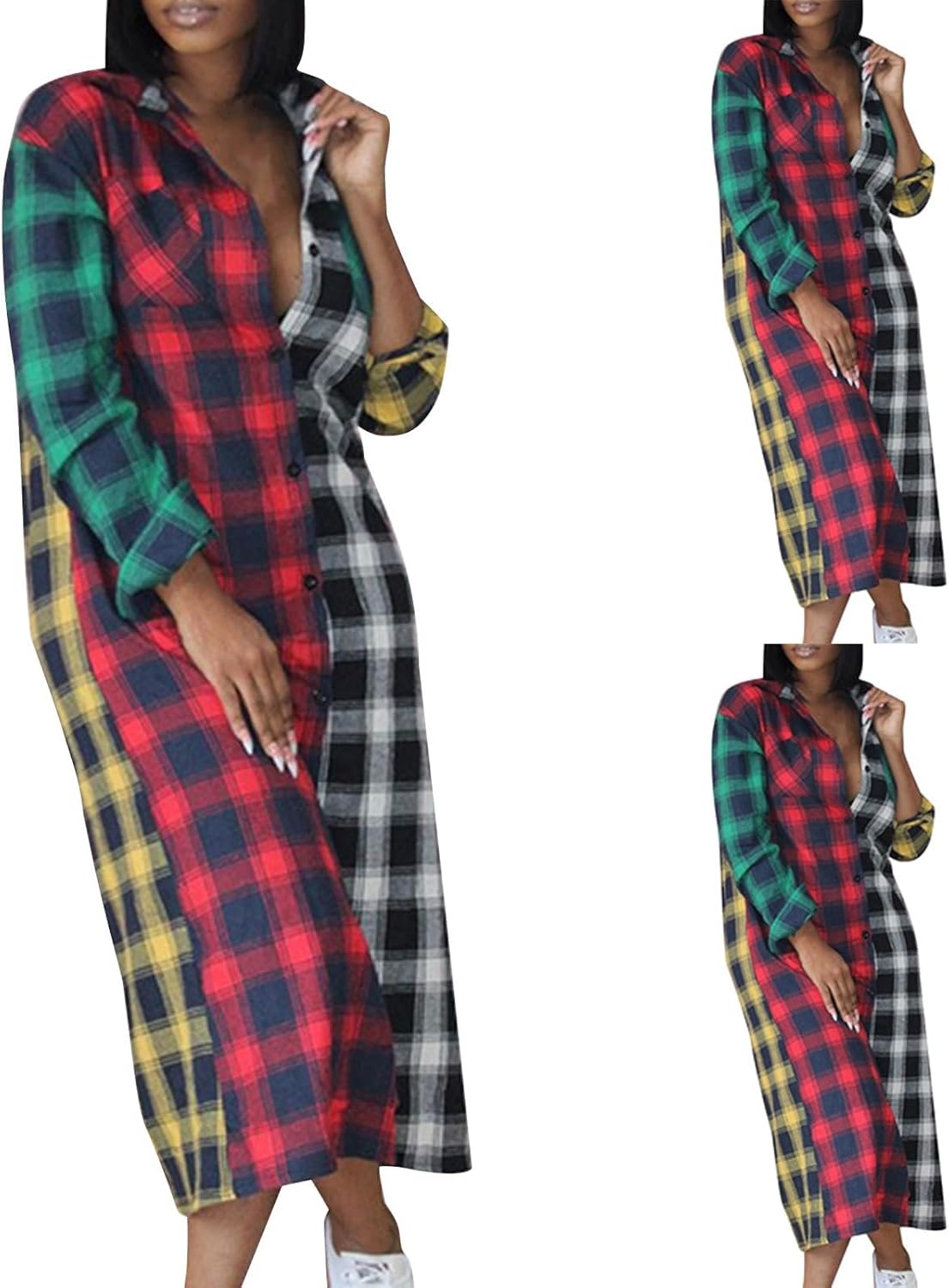 HGps8w Women's Chic Colorblock Plaid Shirt Dresses Casual