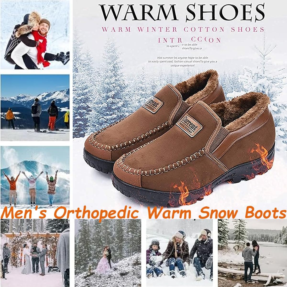 Men's Orthopedic Warm Snow Boots Casual Slip-on Winter Warm Loafers Shoes Fur Lined Ankle High Lightweight Non-Slip Snow Boots for Elderly Walking
