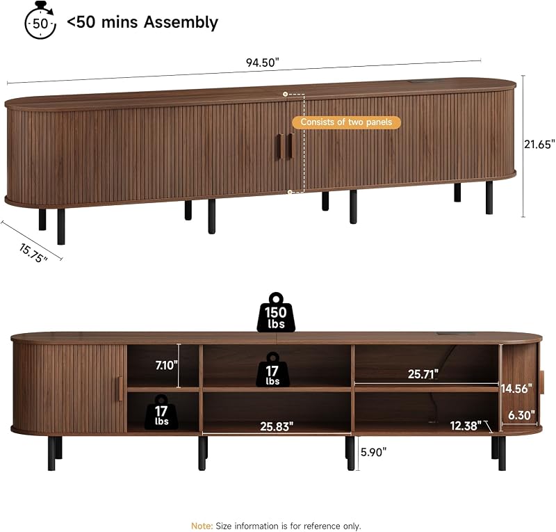 ONBRILL 94.5" TV Stand with Power Outlet &Storage for TVs up to 102" Walnut image 2
