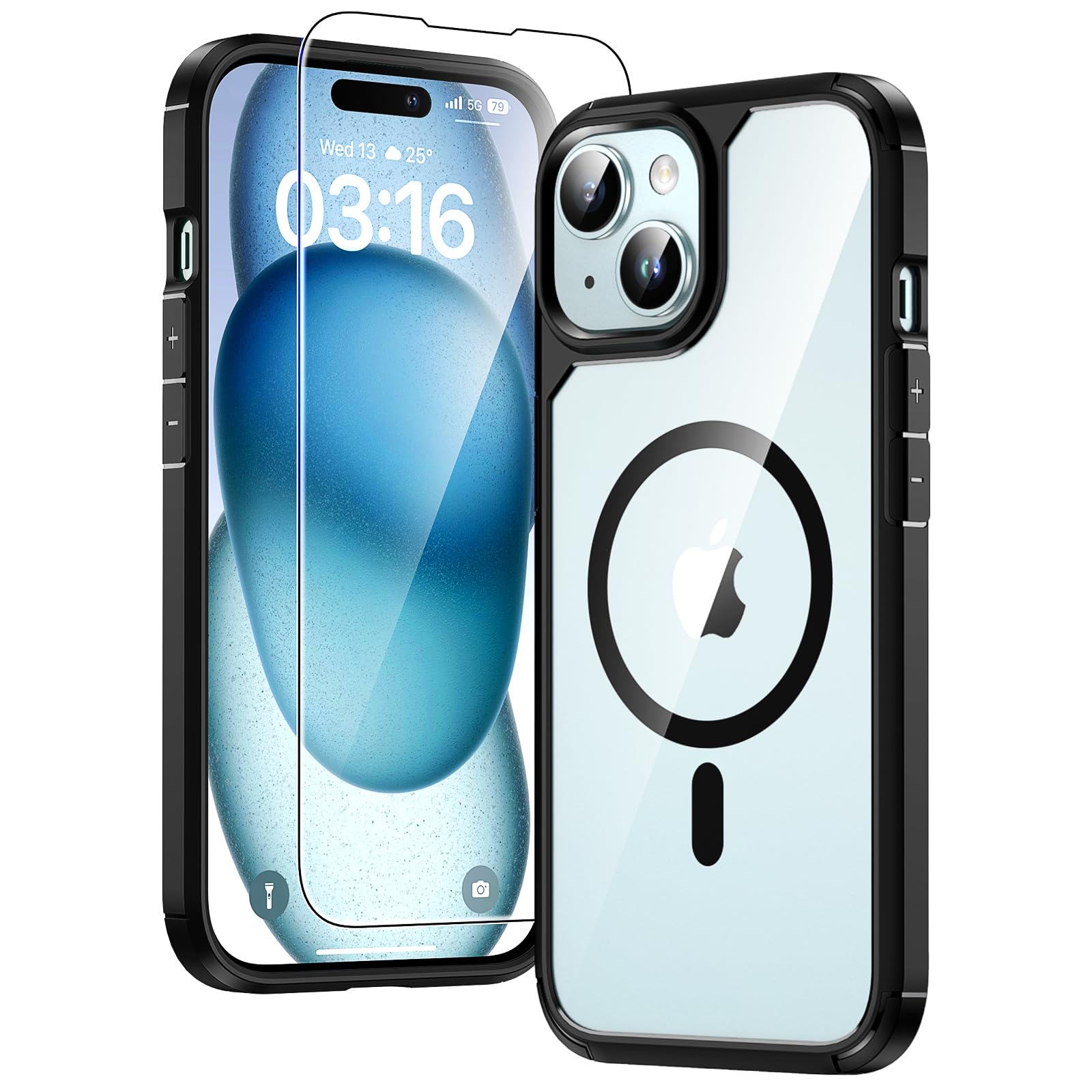 TAURI 3 in 1 Cover Magnetica per iPhone 15 [Compatibile con MagSafe] con 2 Pellicola in Vetro Temperato, Custodia Rigida per Sottile Anticaduta - Nero