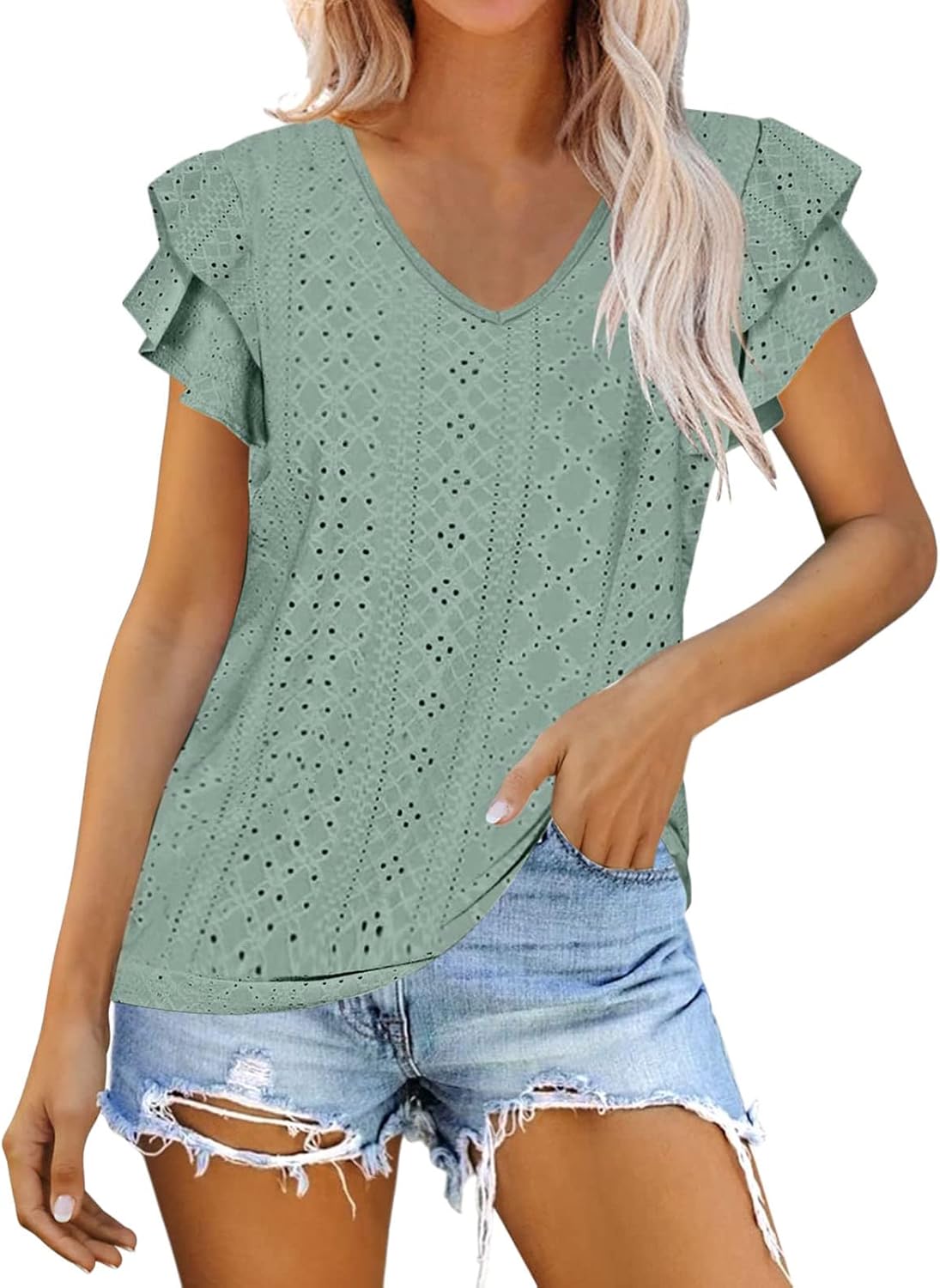 Women Eyelet Tops V Neck Dressy Short Sleeve Ruffle Pullover Blouses Casual Loose Fit Shirt 2026 Summer Vacation Outfits