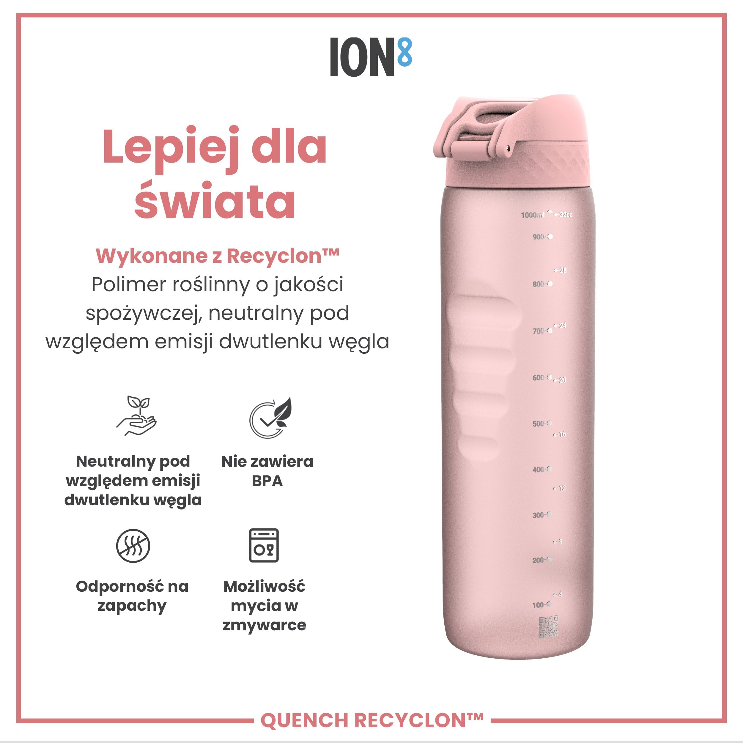 ION8 Butelka na Wodę 1 Litra, Szczelna, Łatwe Otwieranie, Uchwyt do Przenoszenia, Szybki Przepływ Płynu, Można Myć w Zmywarce, Bezpłatna BPA, Odpowiednia do Sportu i Siłowni, 1000 ml/32 oz, Jasny Róż