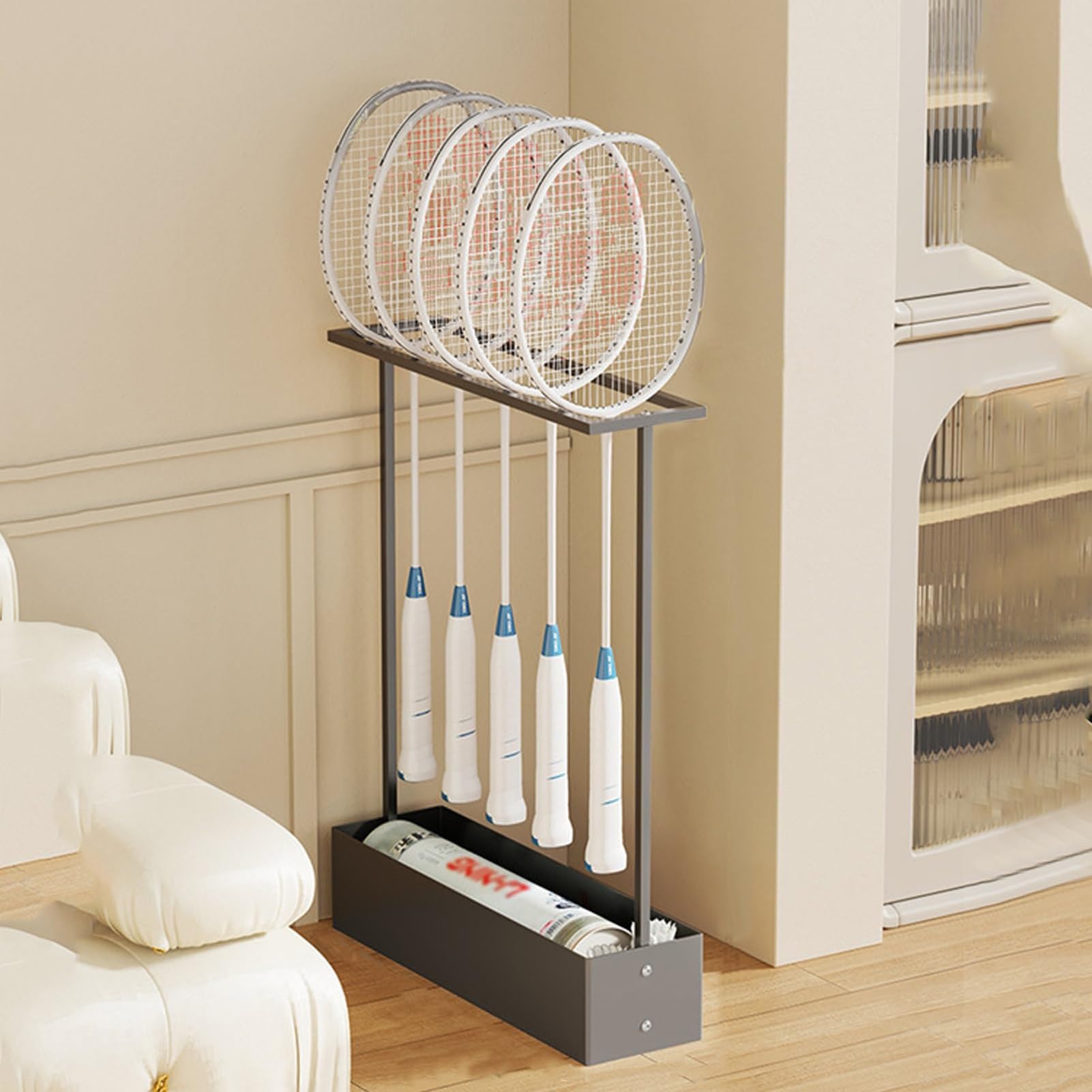 Supporto per racchette da tennis, da pavimento, per racchette da badminton e tennis, espositore e organizer