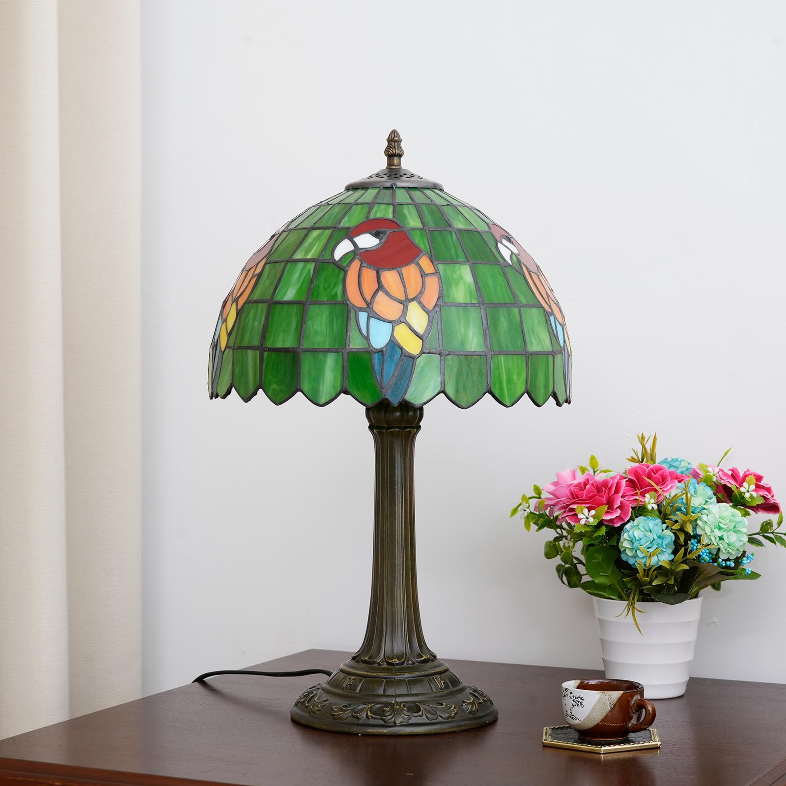 Tiffany Lampa Papuga Zielona Sypialnia Lampa Stołowa Witraż Czytanie Lampka Nocna Do Domu Salon Biuro Dormitorium Jadalnia Udekoruj