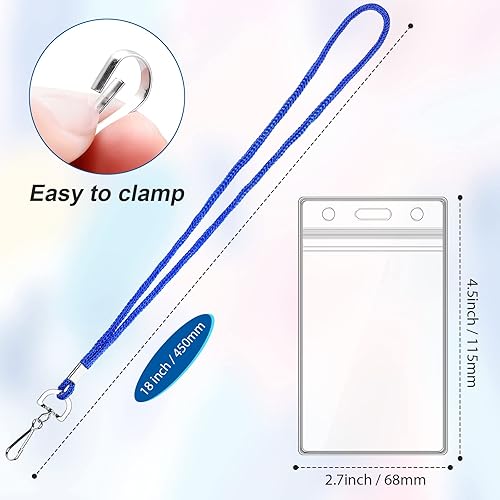 Miniatura 3 de 100 soportes verticales de plástico transparente para tarjetas de identificación y 100 cordones azules para el cuello con gancho giratorio para la