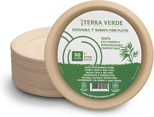 Disposable Bamboo Fibre Paper Plates l 7 inch (18cm) Round 50 Pack l Unbleached Natural Brown l 100% Compostable Eco Friendly Extra Strong Plate for Parties, Picnics, BBQ, Weddings
