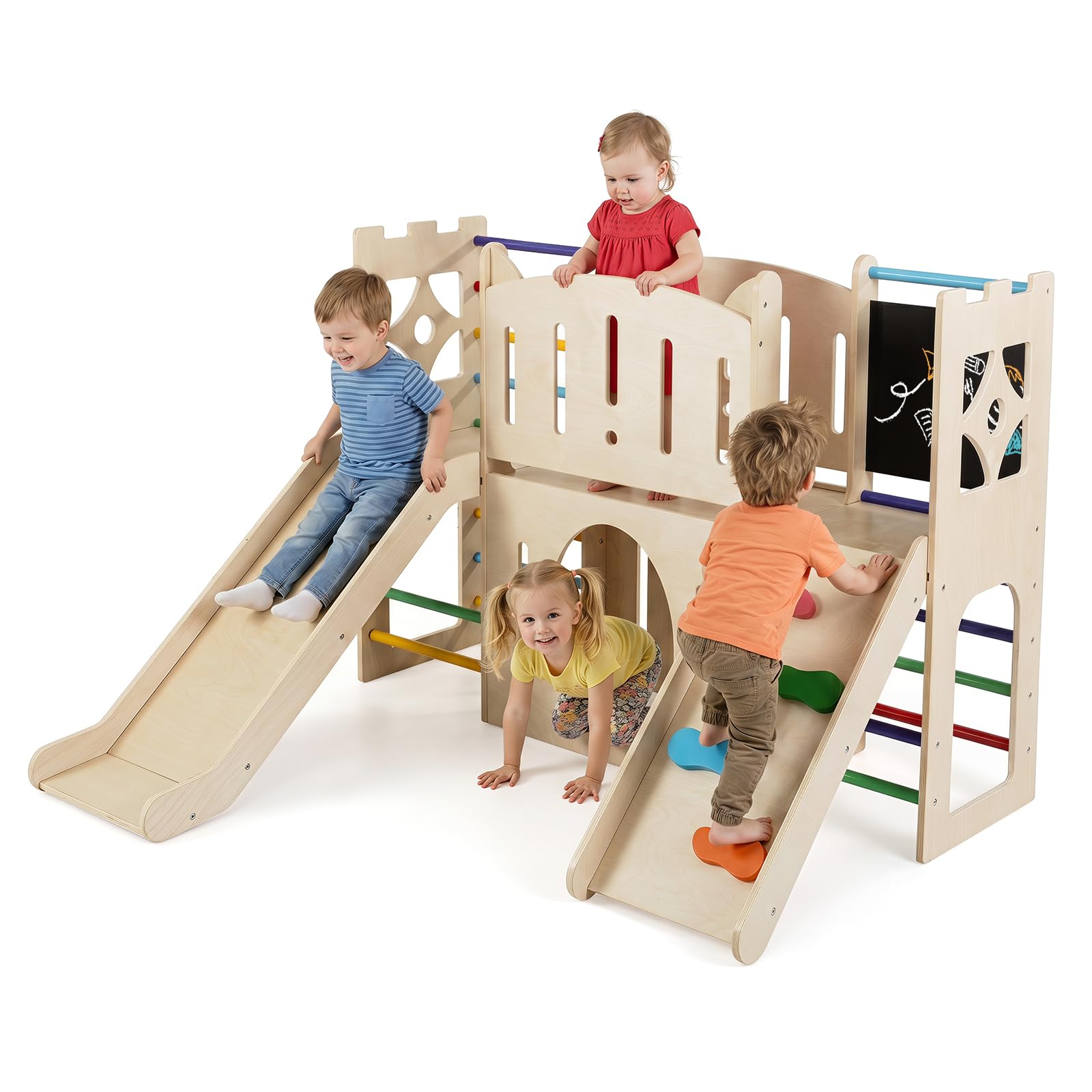COSTWAY Kinder Rutsche Klettergerüst, 8-in-1 Indoor Spielplatz (Farbig) | Holz Rutsche mit Kletterleiter & Kletterrampe, Tunnel, Tafel, Stauraum, für Kinder ab 3 Jahren