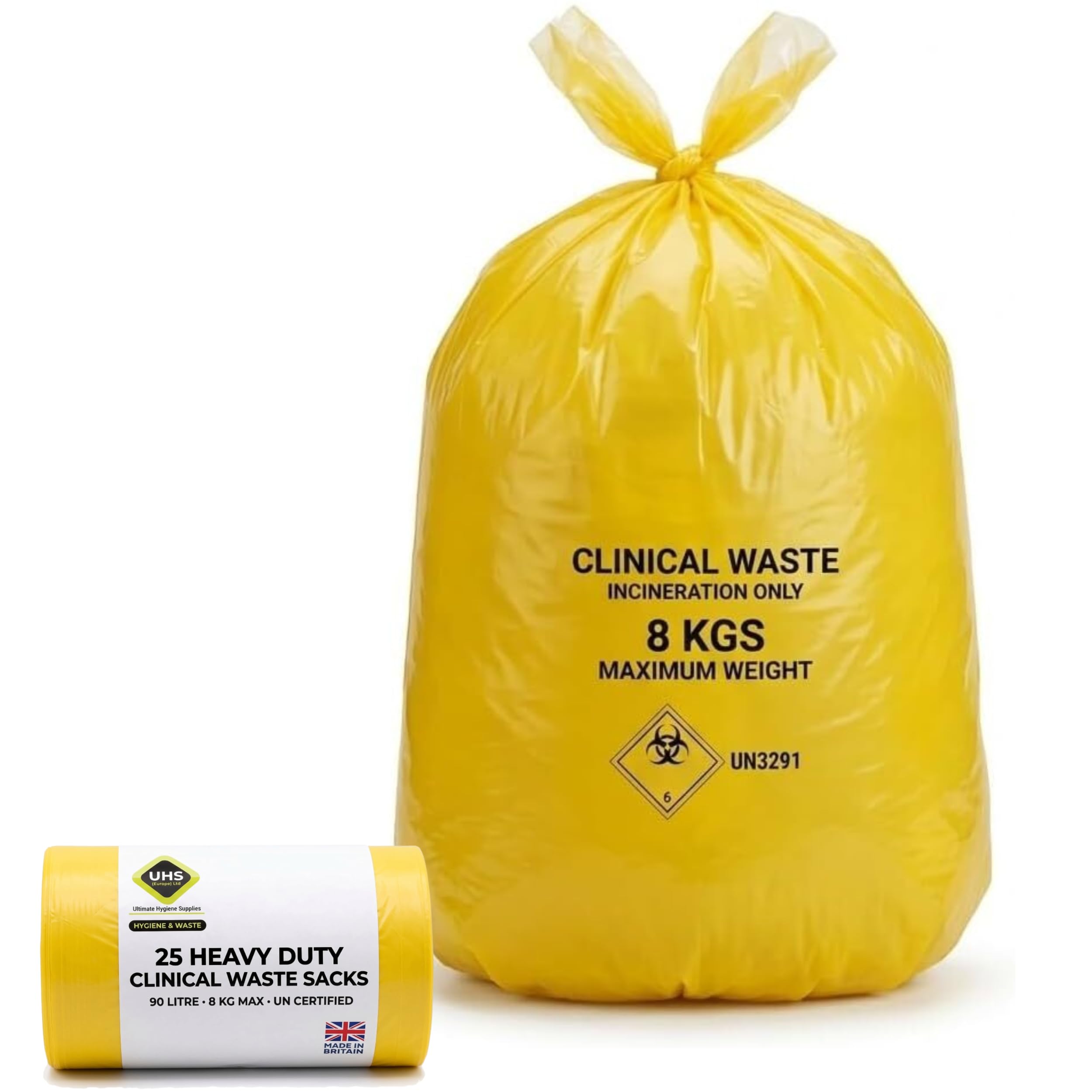 UHS Yellow Clinical Waste Bags 90L — 25 Heavy Duty UN Certified Sacks Per Roll for Incineration — 4-Mil LLDPE Medical, Dental, Vet, Care Home Biohazard Disposal — 180×711×990mm