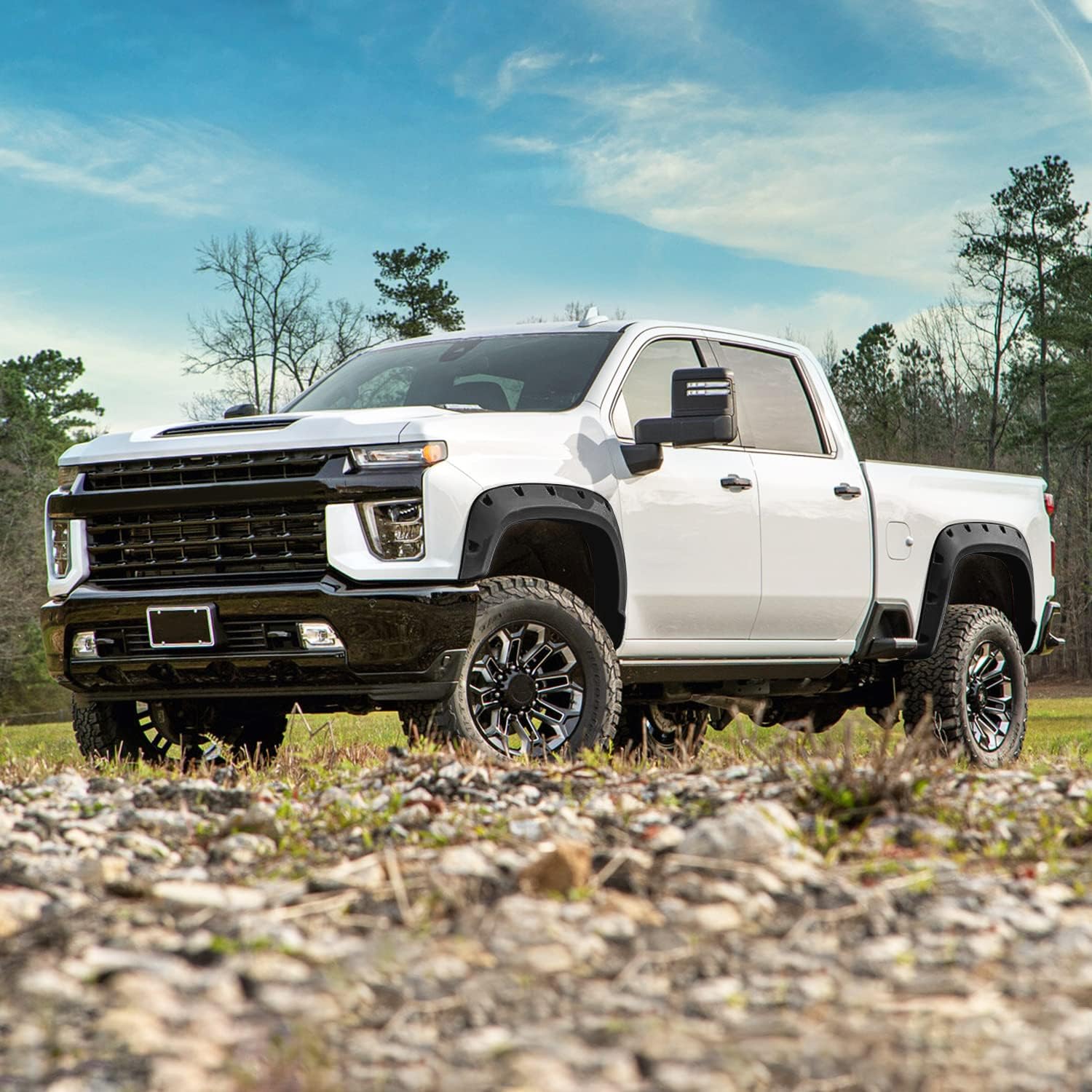 Spec-D Tuning 4PC Front + Rear Smooth Black Rivet Bolt-On Pocket Style Fender Flares Compatible with 2020-2024 Chevy Silverado 2500HD 3500HD