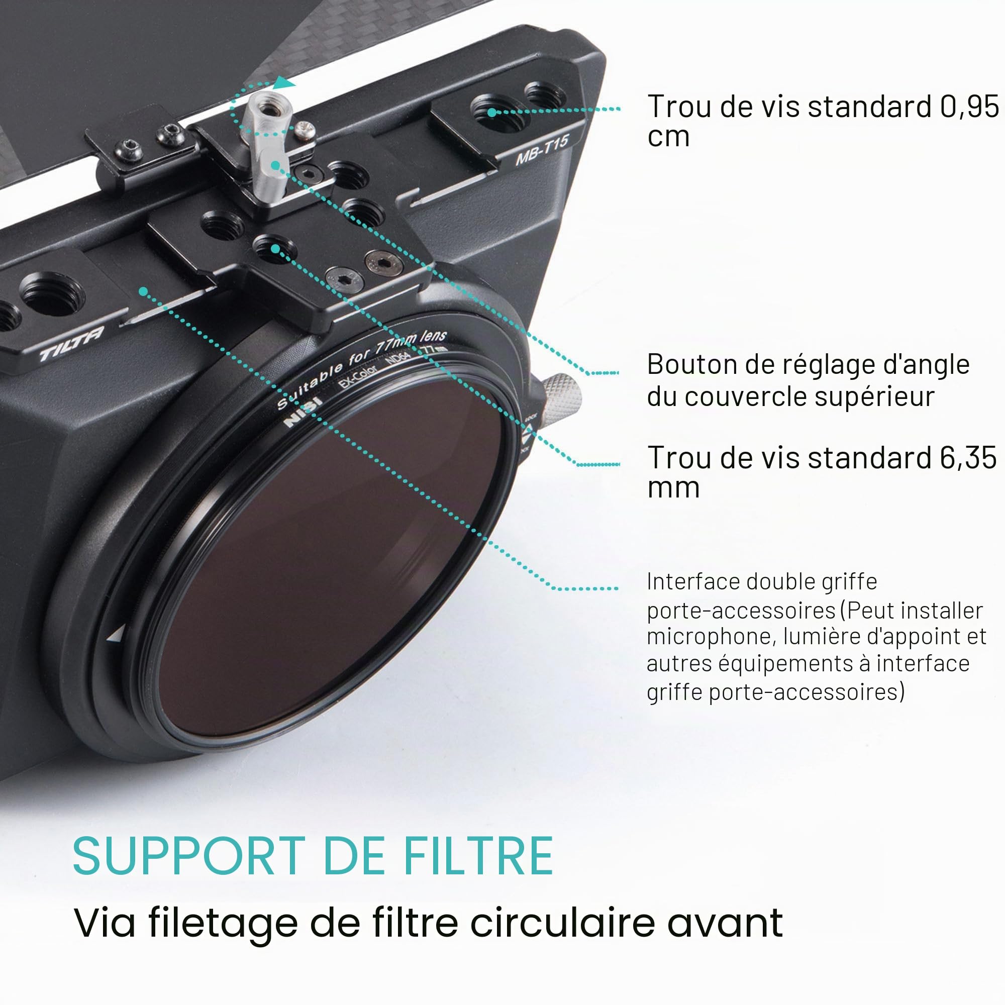 Tilta Mini Matte Box Cadre de Filtre 4x5.65 pour appareils Photo Reflex numériques sans Miroir, avec Bague Adaptateur d'objectif 67mm/72mm/77mm/82mm Support de Tige de 15mm Support léger MB-T15
