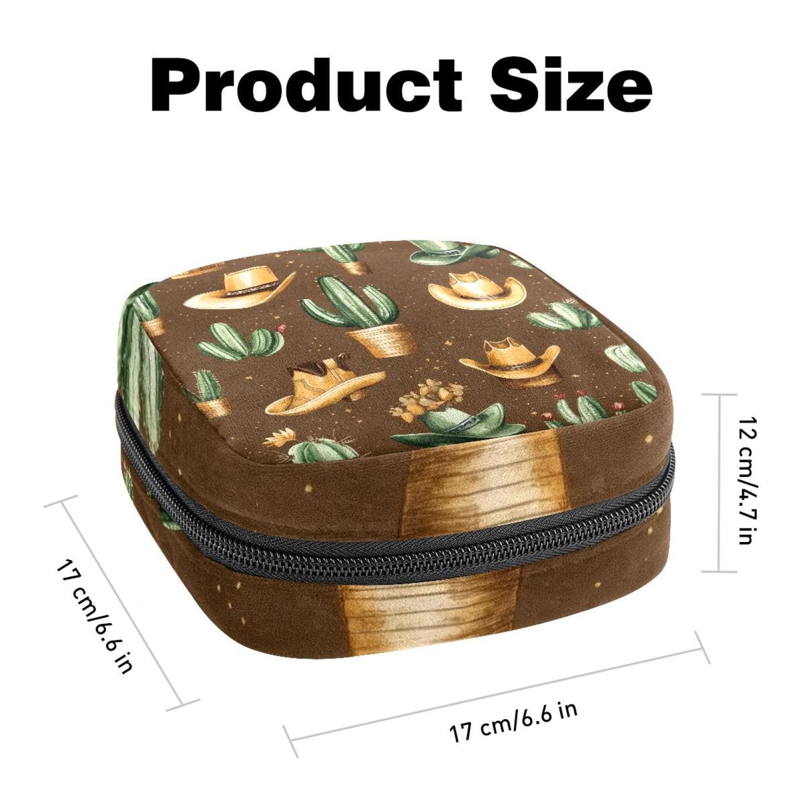 Sanitary Napkin Storage Bag for Women Cute, Feminine Menstruation Pad Holder for Period, Portable Zipper Menstrual Pad Bags Western Vintage Cowboy Wild West Caps Boots Cactus