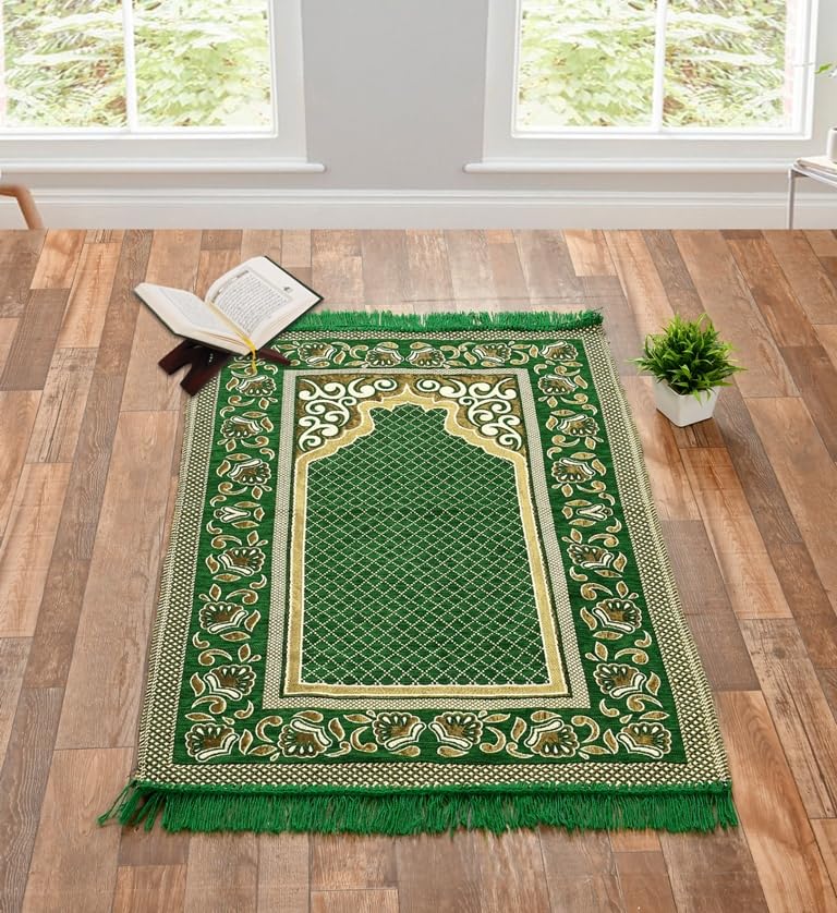 TIJANE Premium Chenille Velvet Rug Rectangular Velvet Floral Janamaz Mat | Prayer Mat/Meditation Janamaz for Namaz/Meditation Mat/Muslim| Size 27x50| Washable Soft Prayer Mat (Green)-image-0