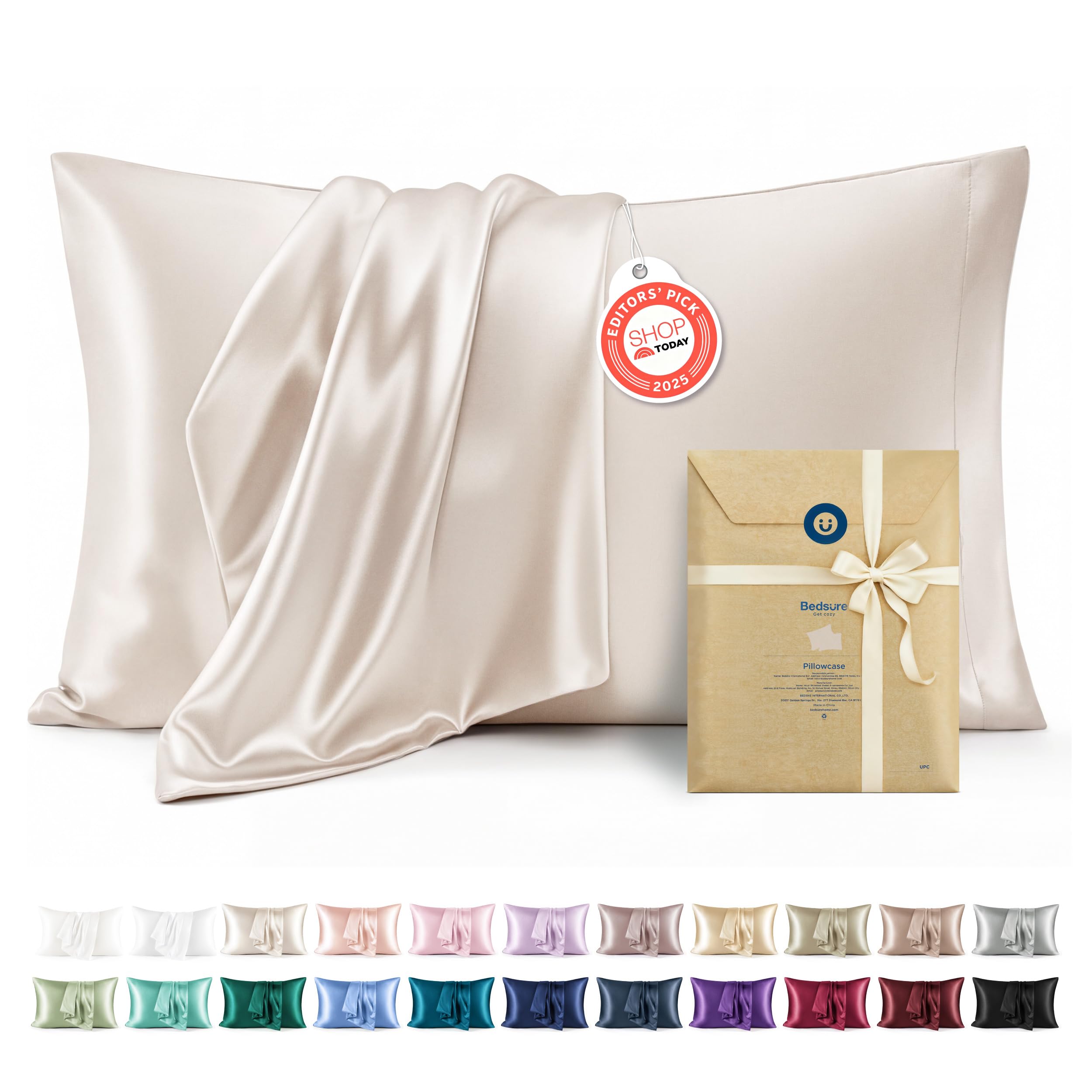 Bedsure Satin Pillowcases, Similar to Silk Pillow Cases Queen Size Set of 2, Cooling Pillow Case for Sleeping Women with Envelope Closure, Gifts for Women Men, Beige, 20x30 Inches, 2pcs - 1