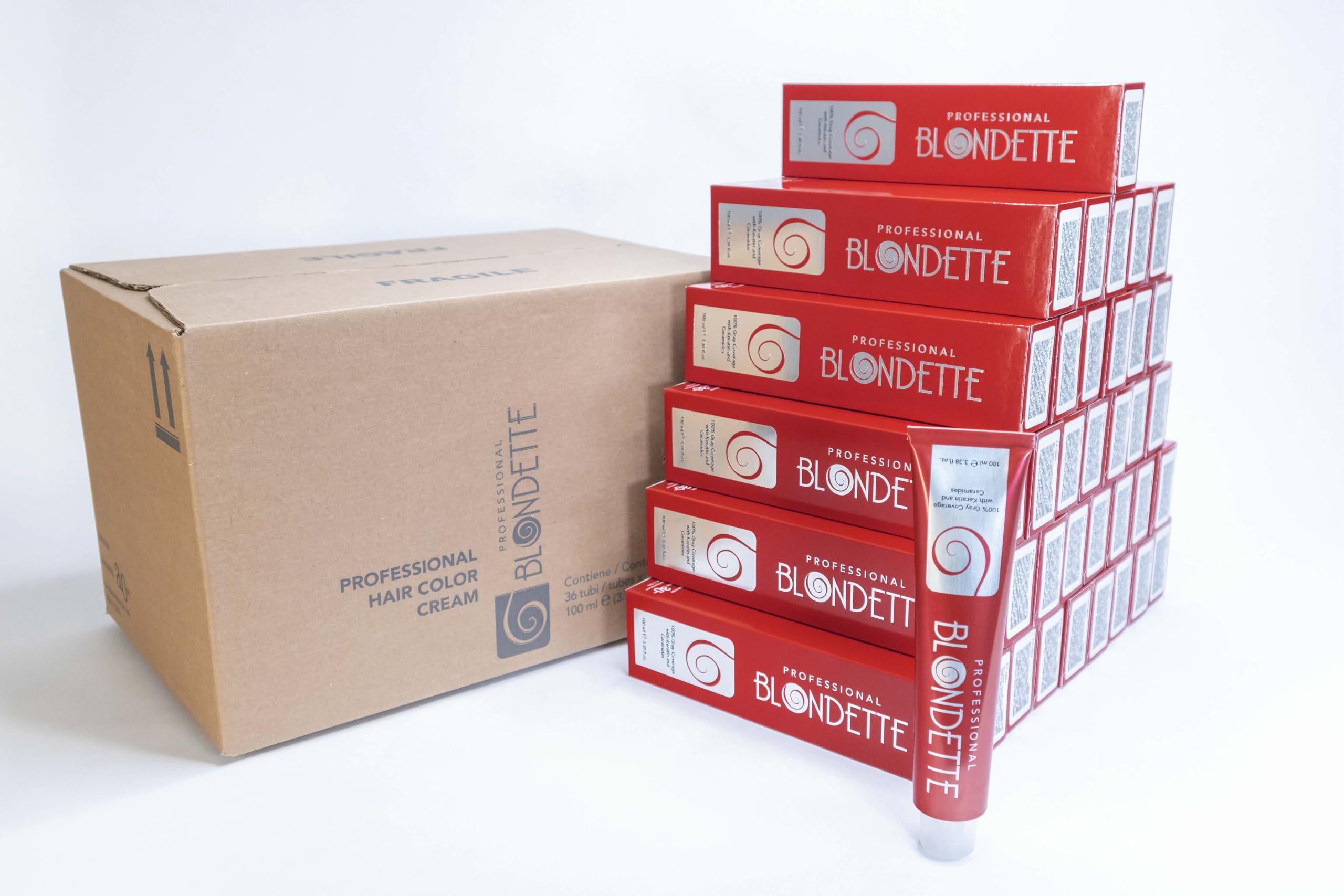 Pack of 36 Blondette Professional Permanent Hair Color, 100 ml/3.38 Fl Oz,100% Gray Coverage with Keratin and Ceramides, Made in Italy Cream Haircolor