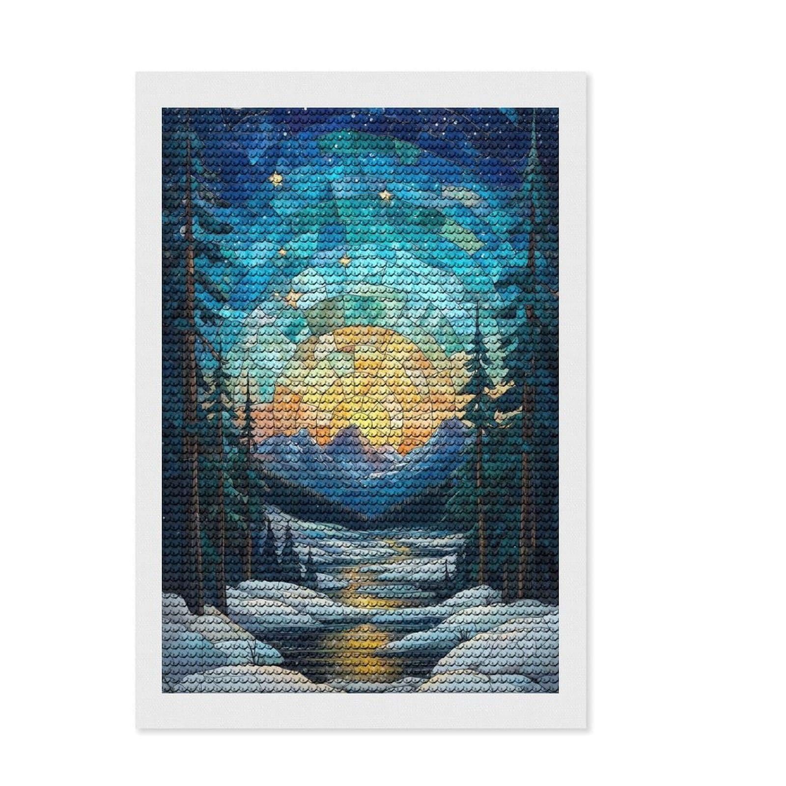 Junmoney Stained Glass Mountain Sunset Diamond Painting Set 8"x12", Relaxing DIY Hobby, Pleasing Wall Art Project, Farmhouse Decor, Birthday Gift