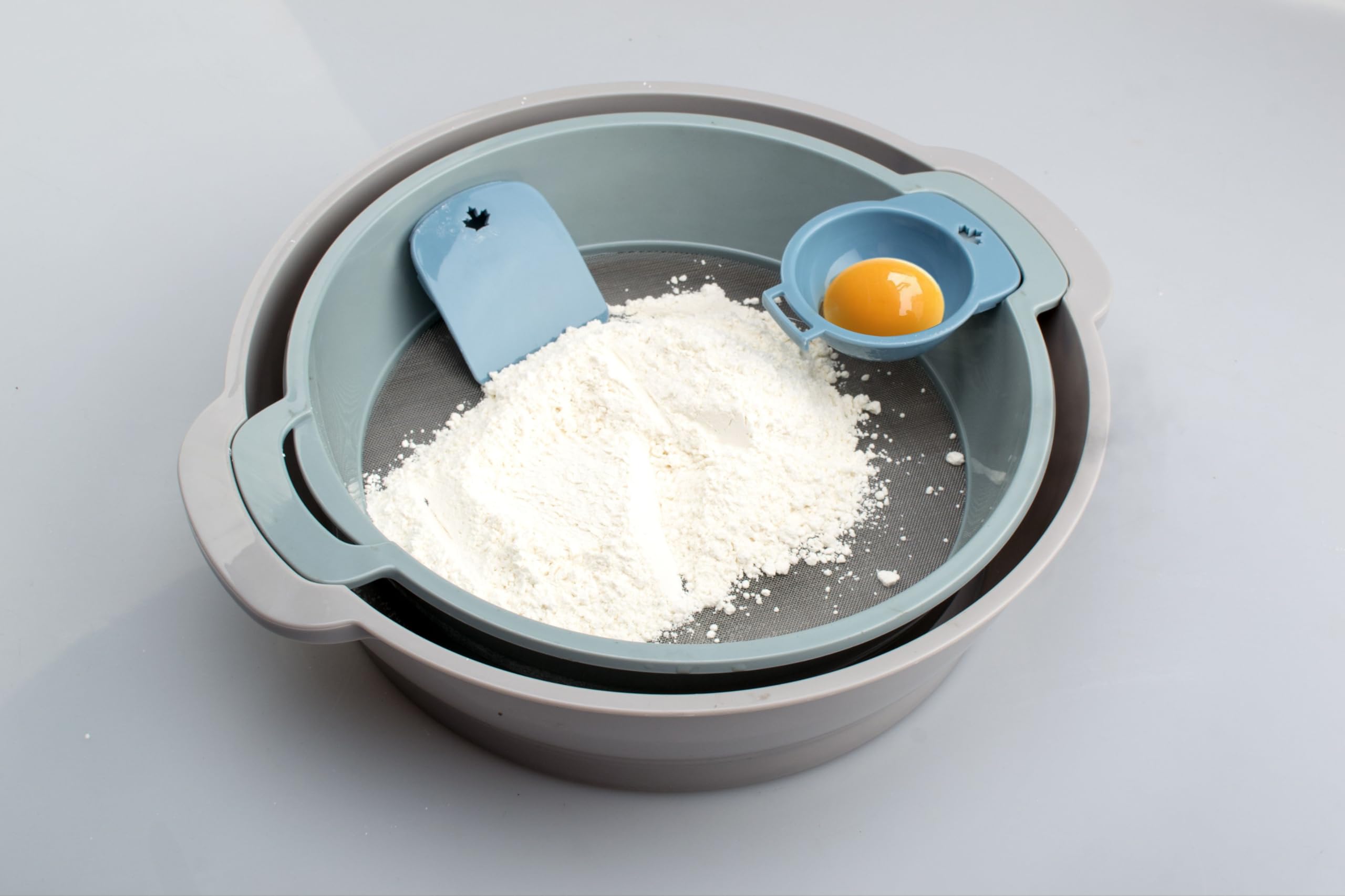 Multi-function Flour Baking Sifter 4 pack set: Fine Mesh Round Flour Sifter with Bowl Flour Mixer, Flour Scraper, Egg White Separator, large size 14.5” *New in Stock*