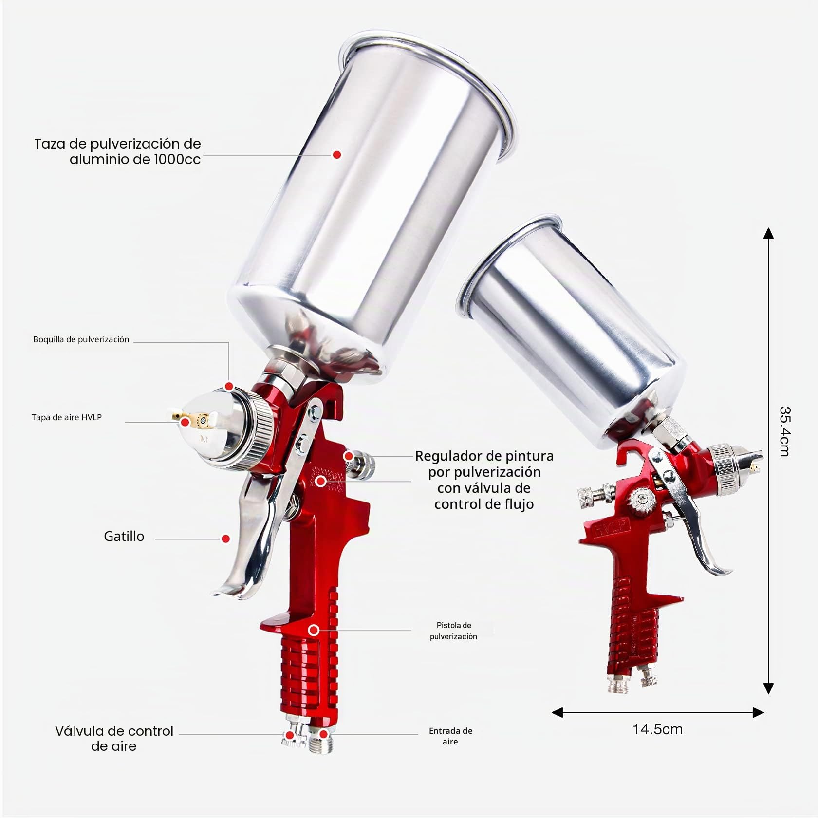 Pindex HVLP Pistola pulverizadora de Aire de alimentación por Gravedad: pulverizador de Pintura con Taza de Aluminio de 1000 CC | 3 boquillas para reparación de Coches, Pintura de Valla (Rojo)
