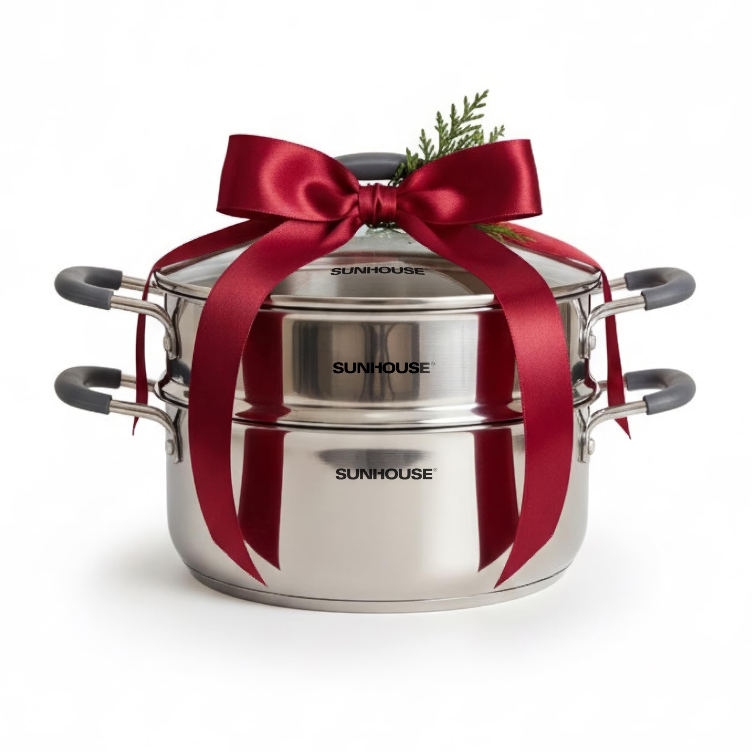 SUNHOUSE - 3.1 Quart Steamer Pots With Lid 2-Tier Multipurpose Stainless Steel Steaming Pot Cookware With Handle For Vegetable, Dumpling, Sauce, Food - Triple Bottom, Measurement Line