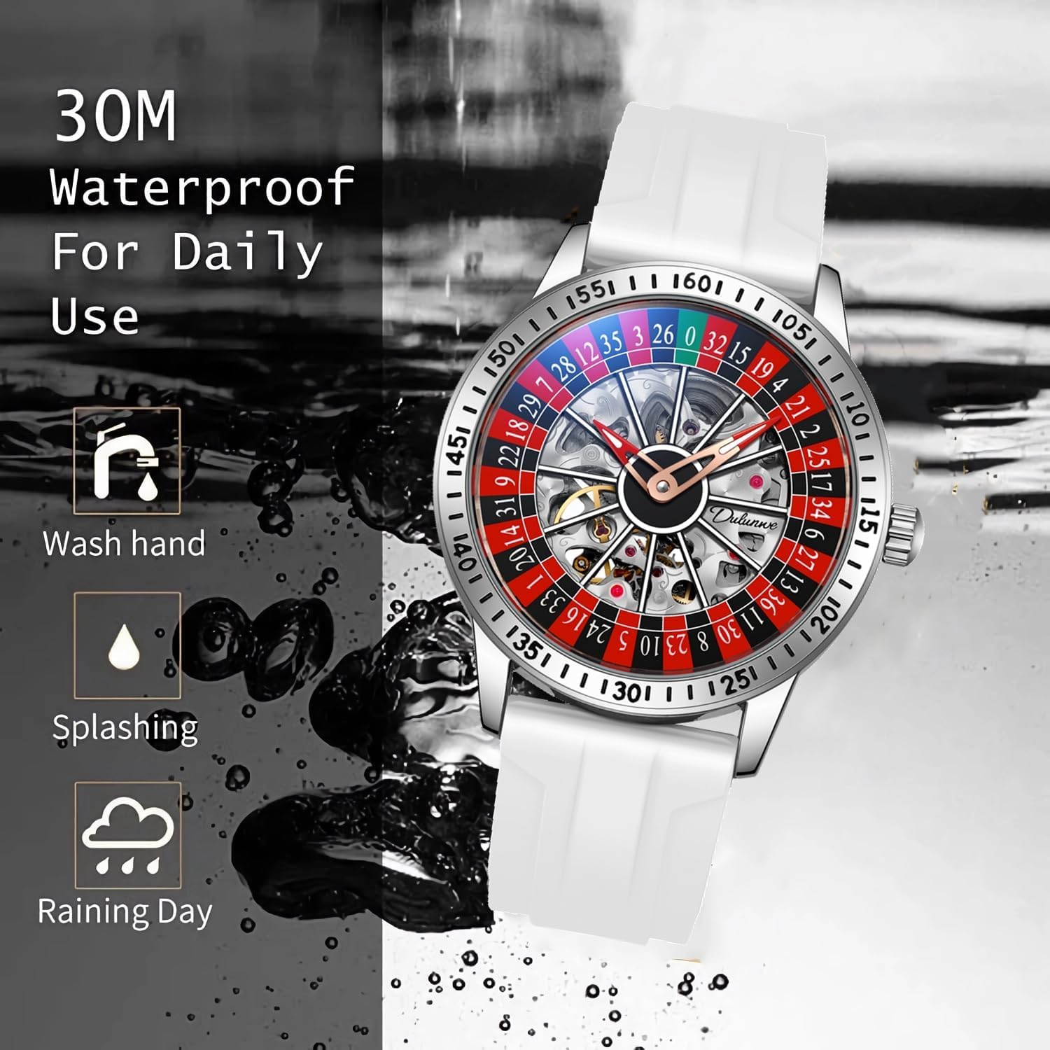 MASTOP Roulette Wheel Męskie zegarki Automatyczny zegarek mechaniczny dla mężczyzn Swinging Rotary Dial Design Hollow Szkielet Zegarki Ze Stali Nierdzewnej Wodoodporny Zegarek Biznesowy, Guma Biała,