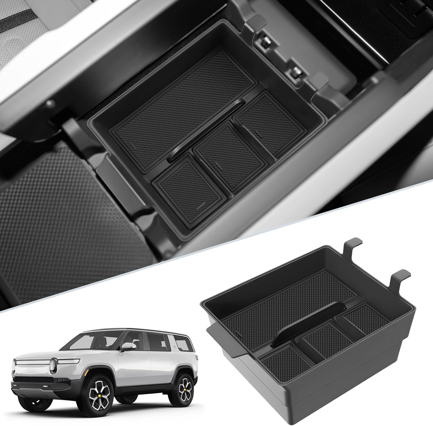 SKTU 2-Pack for 2022-2024 Rivian R1T/ R1S Center Console Organizer for 2022-2024 Rivian R1T/ R1S Console Tray 2024 R1S Armrest Tray 2023 2024 R1T R1S Accessories with Sunglasses Holder Double Layers