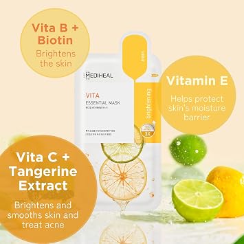 MEDIHEAL, Essential Mask 10 Sheets Vita, Vitamin, Tone Up, Skin Energizing, Brightening, Hypoallergenic