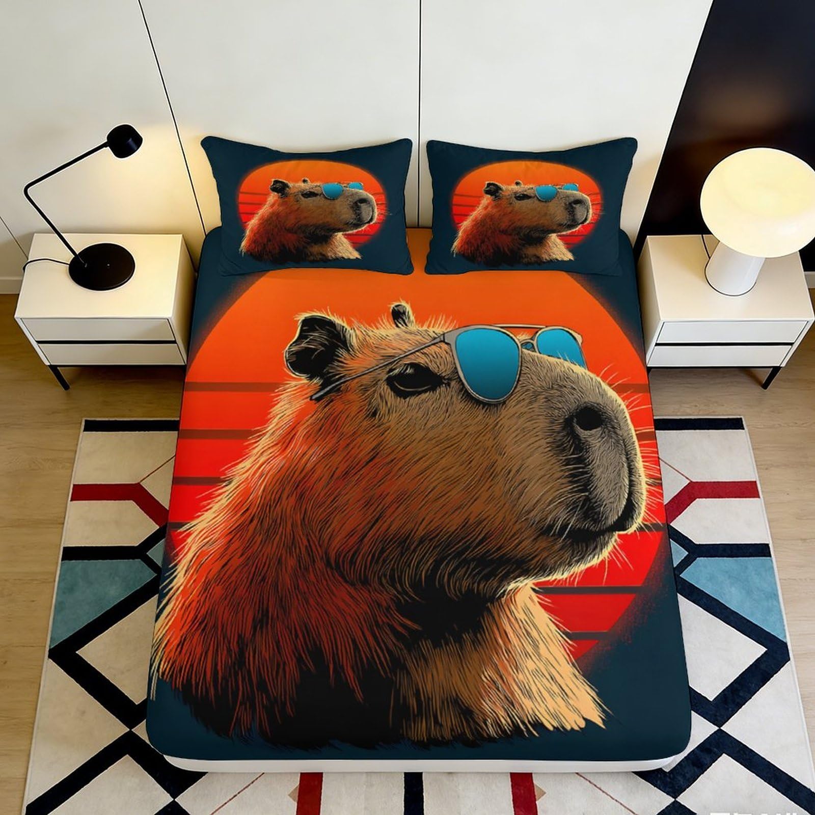 3D Printed Cool Bear Pattern Fitted Sheet Microfiber Soft Durable Blue Sunglasses Bed Sheet for Bedroom Dormitory Guest Room Mattress Cover 160x200x25cm