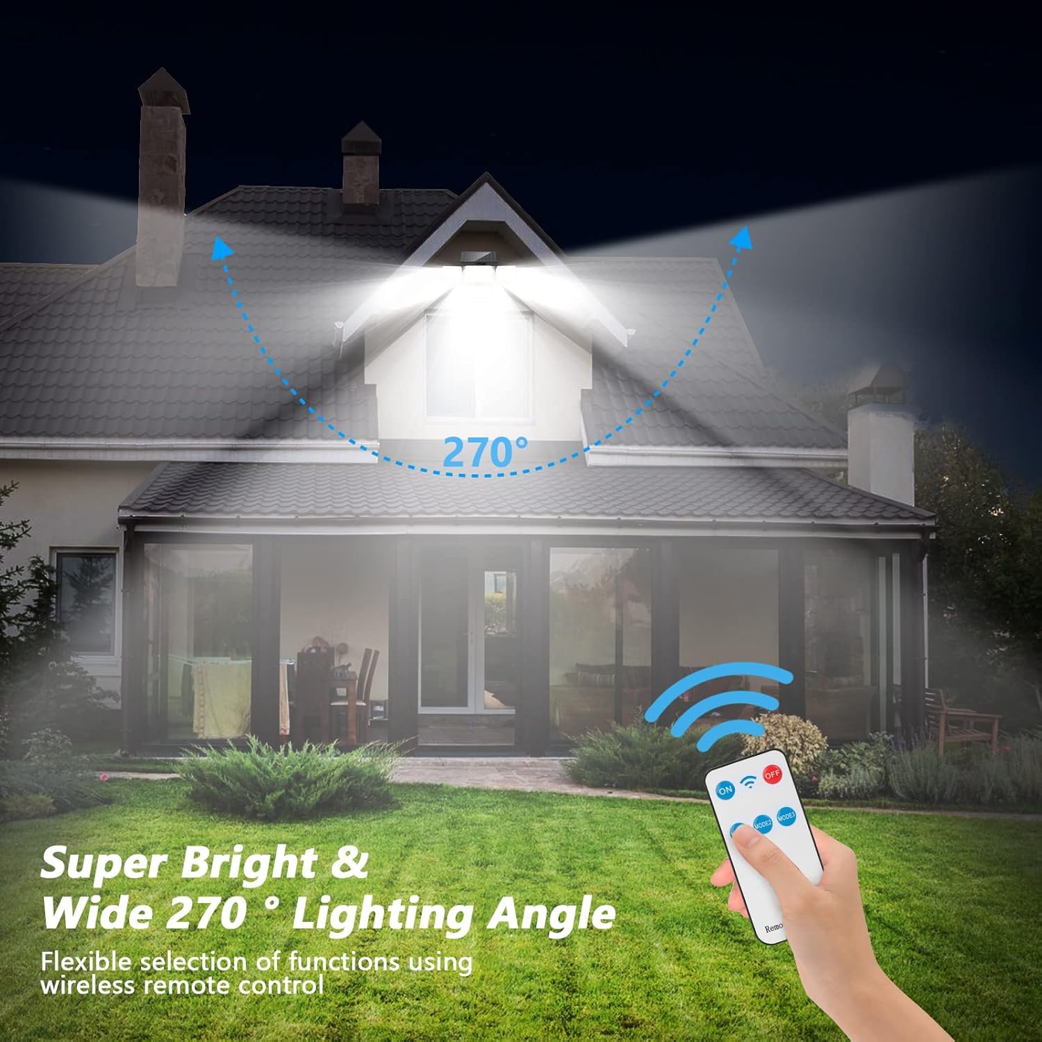 Solar Lights Outdoor Waterproof, 288 LED 2800LM Motion Sensor Outdoor Lights with Remote Control, 4 Head Solar Flood Lights Outdoor for Patio, Garage, Yard, Wall, IP65 Security Lights 2 Pack