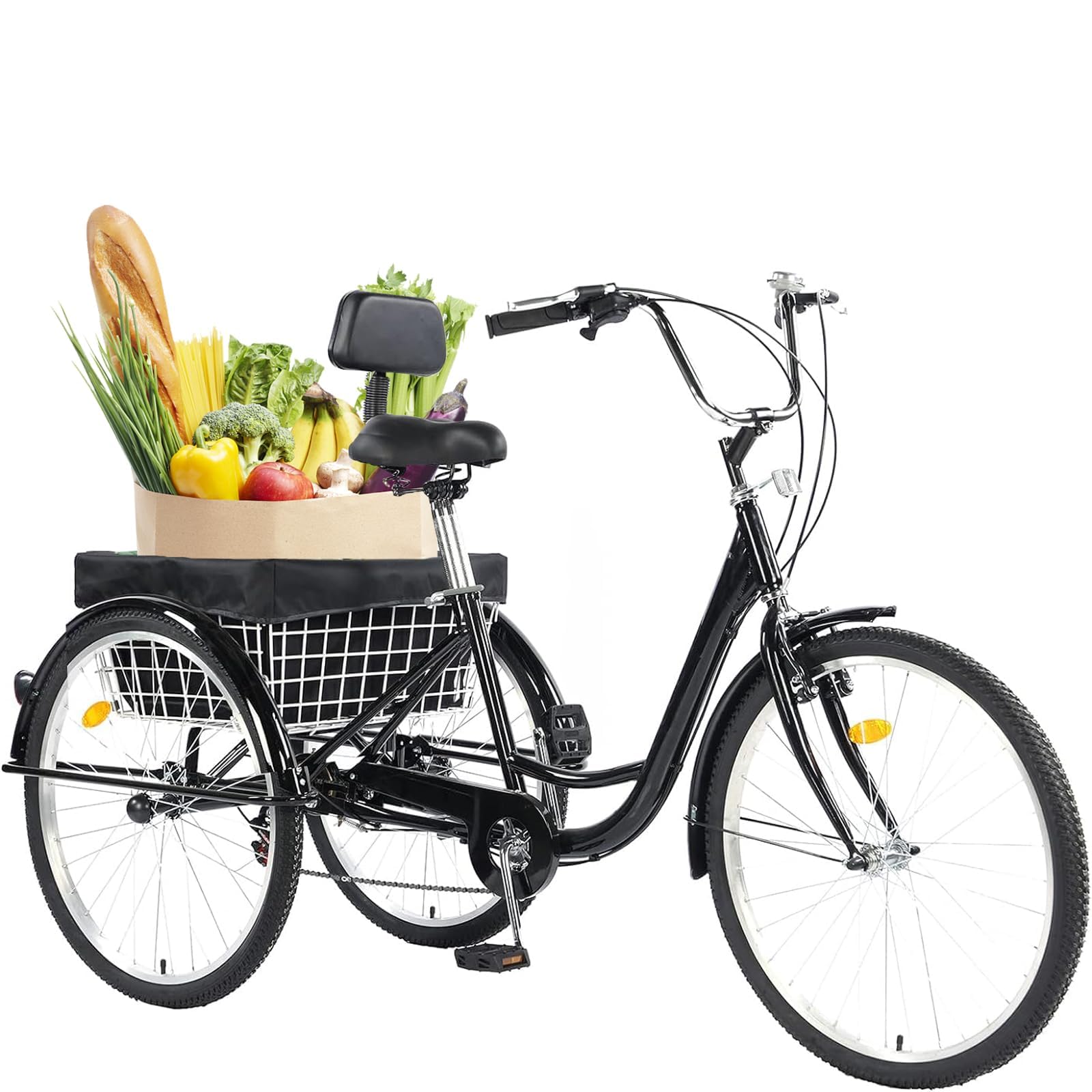 26 Inch Adult Tricycle 7 Speed, 3 Wheel Bikes Tricycle for Adults, Adult Trike for Women/Men/Seniors, Three Wheel Cruiser Bike w/Rear Basket for Shopping/Recreation/Picnic (Black)