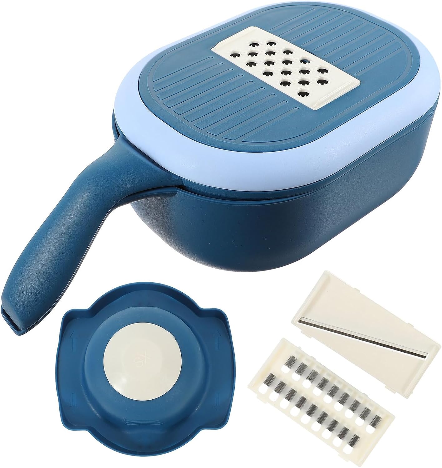 jojofuny Multi-function Vegetable Slicer and Salad Cutter with Drain Basket, Manual Adjustable Kitchen Food Dicer for Fruits and Vegetables, Blue Triple-cut Wash and Slice Tool for Home