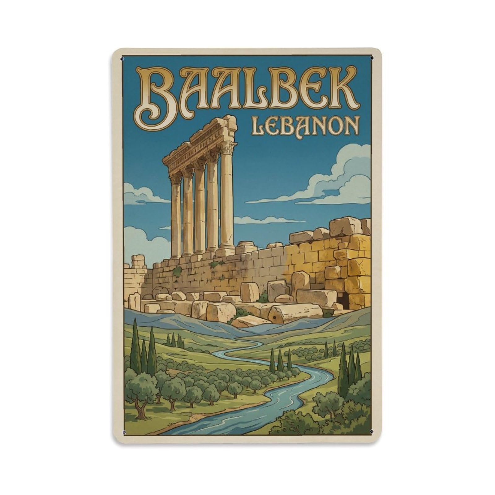 Metal Tin Sign Lebanon Baalbek Vintage Travel