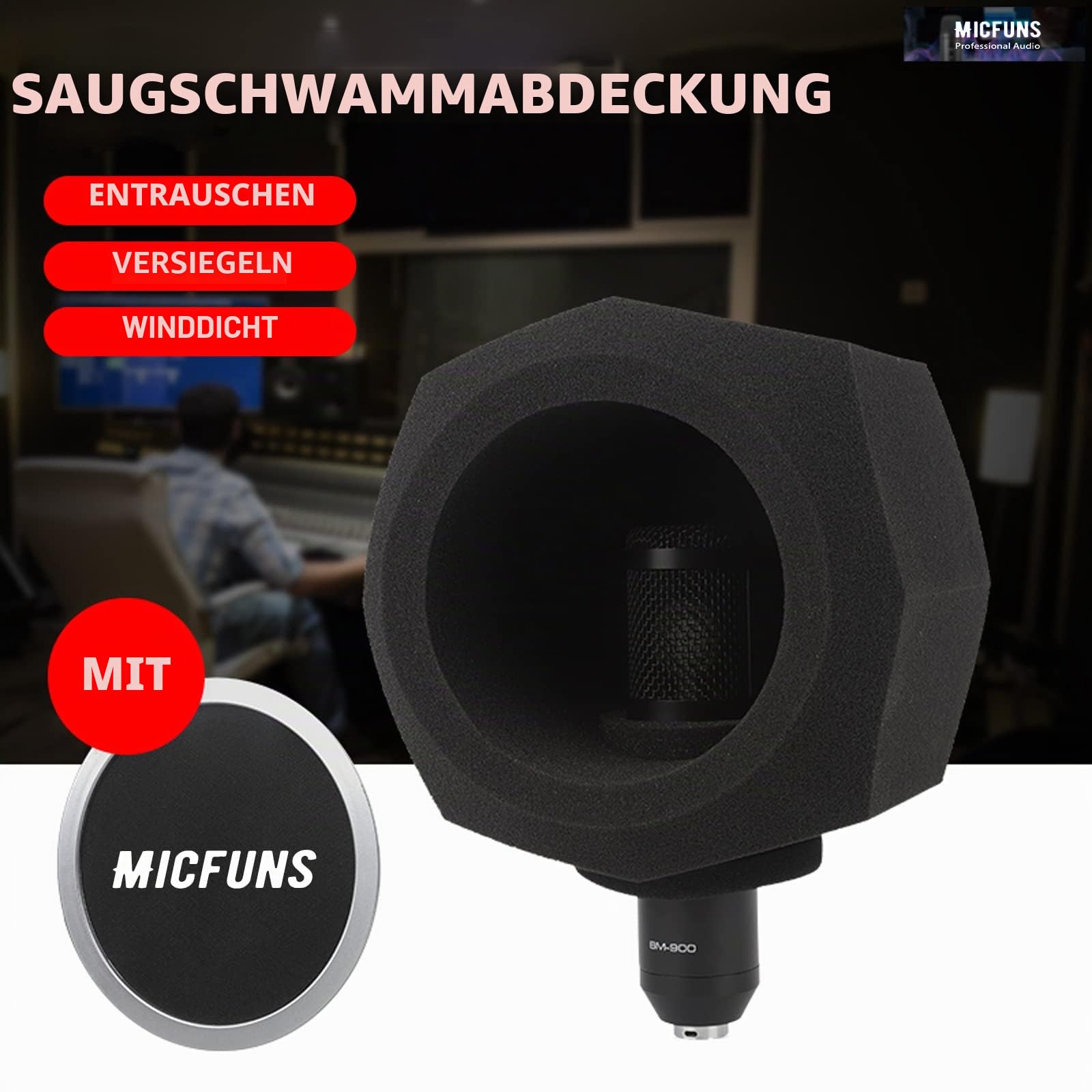 Studio-Mikrofon-Windschutzscheibe, F3-Mikrofon, Windschutz, Pop-Filter für 4,5-6 cm (1,77 - 2,35 Zoll) Gesangs-Isolationskabine, tragbare Studio-Ausrüstung, schalldichte Abdeckung