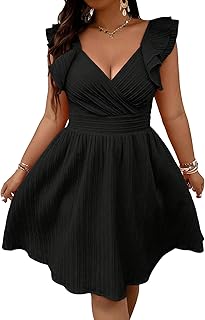 Women's Plus Size Wrap Front Sweetheart Neck Ruffle Cap Sleeve A Line Dress