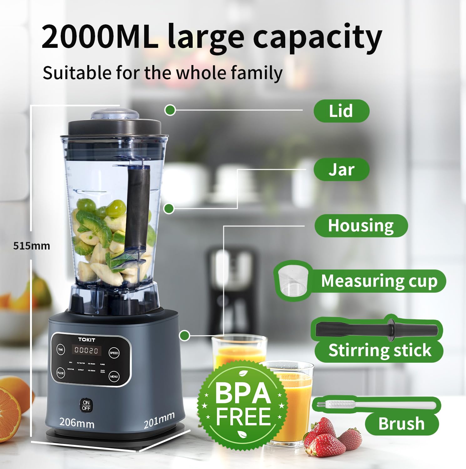 TOKIT 8-IN-1 Frullatore 2000ML, Blender Pro Metallo1400W con Touch LCD e 8 Menu e 9 Velocità per Smoothie, Tritare Verdure e Preparare Bevande Ghiacciate