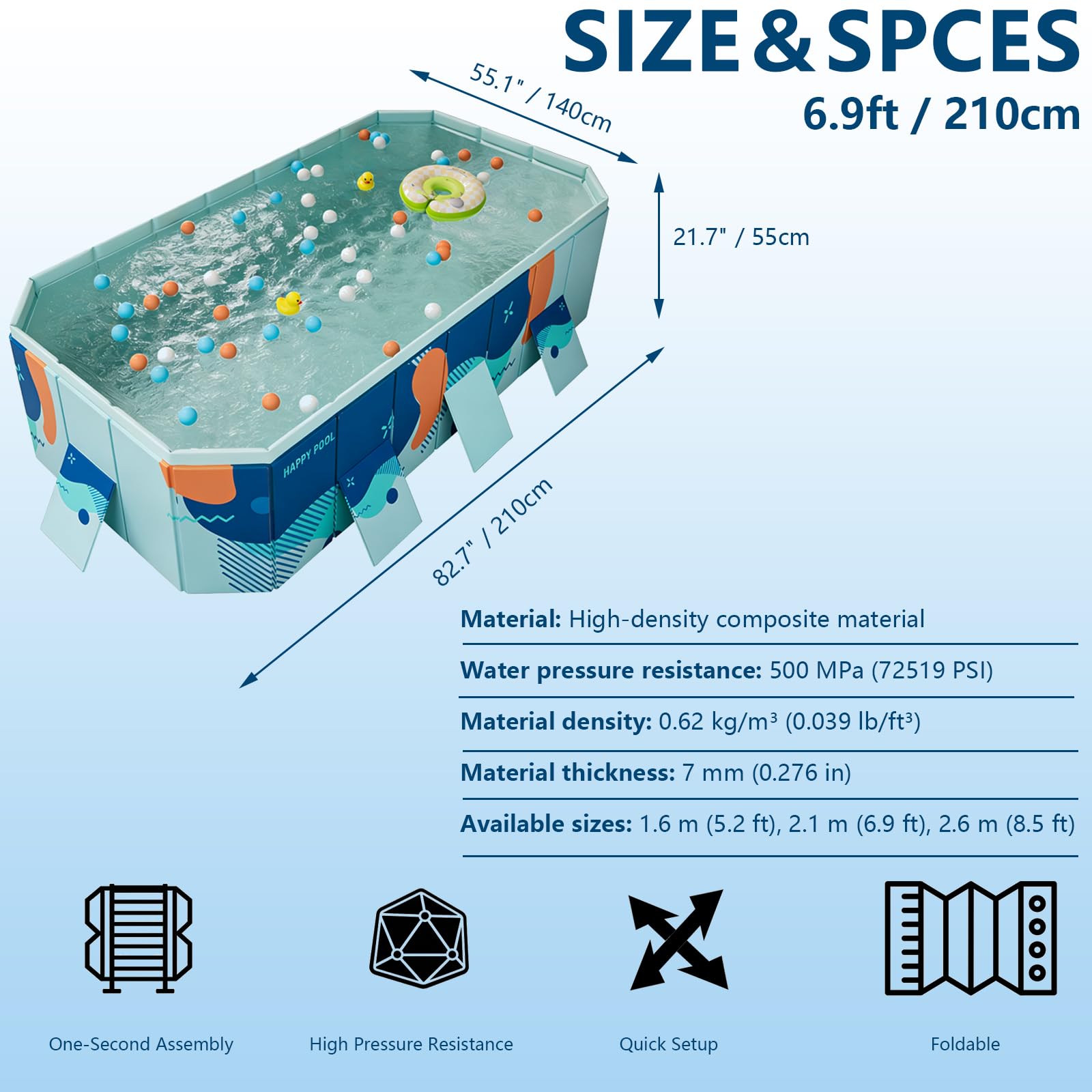 Grande piscina pieghevole, in plastica dura, non gonfiabile, piscina esterna portatile per cortile, attività acquatiche da giardino, 2,6 m, divertimento in famiglia