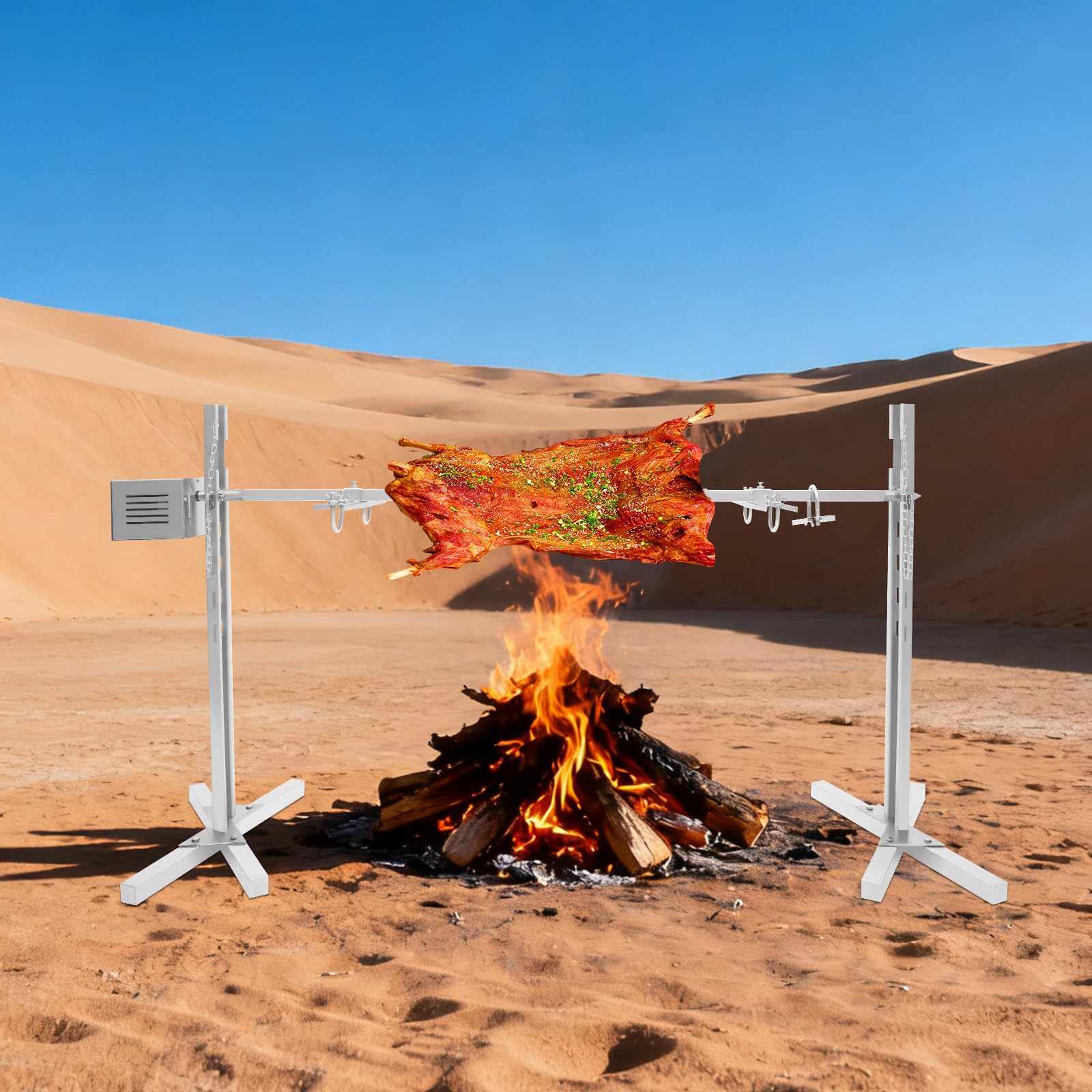 Barbacoa giratoria eléctrica de 40 kg, parrilla giratoria 2,5 rpm, 20 W, asador barbacoa para 30 personas, acero inoxidable, varilla 134 cm, altura 5 velocidades, carbón madera, para camping jardín