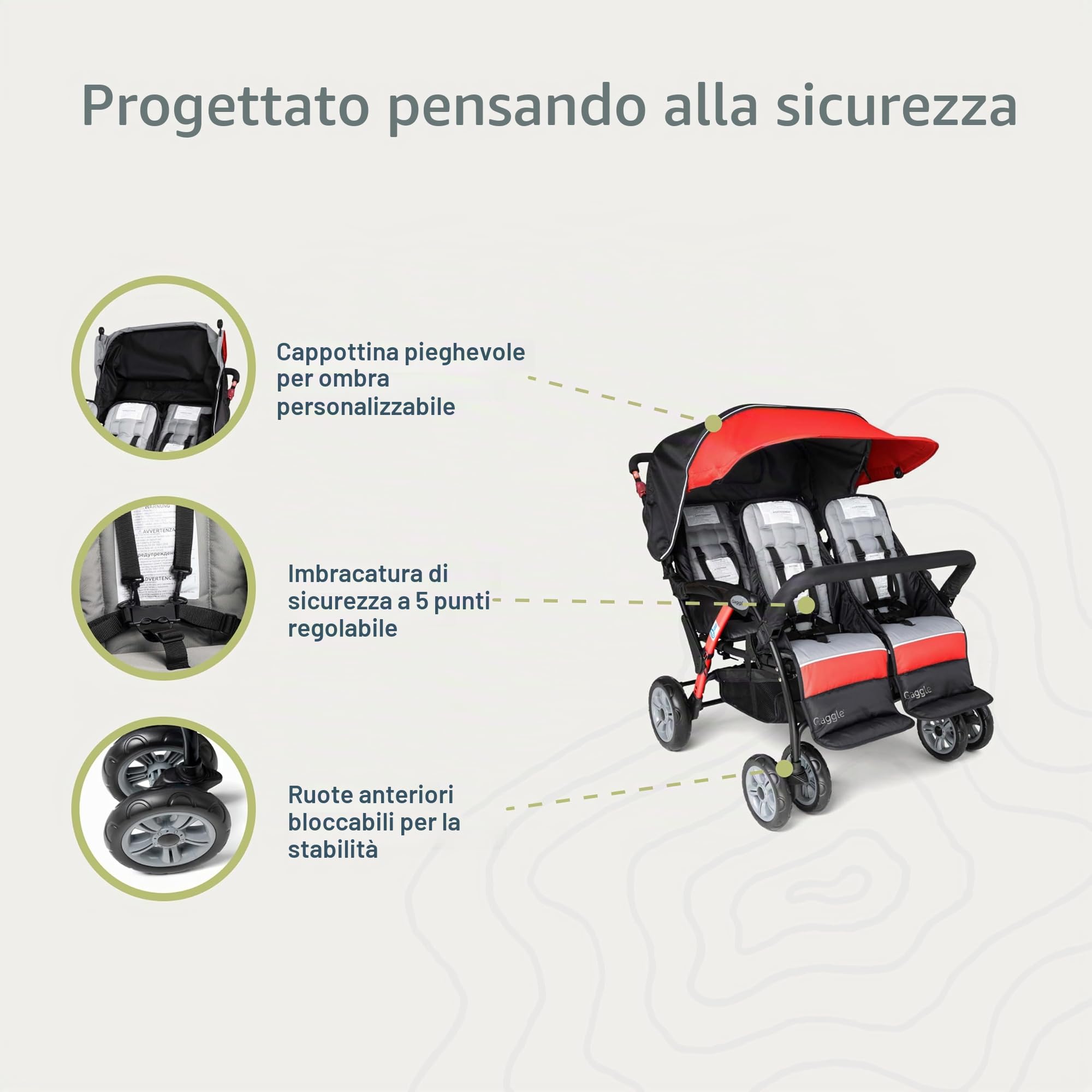 GAGGLE - Compass | Passeggino Quad, Nero | Passeggino a 4 posti, pieghevole, facile da riporre - Da 6 mesi a 4 anni - Imbracatura regolabile a 5 punti | Seggiolini regolabili | Parasole per passeggino