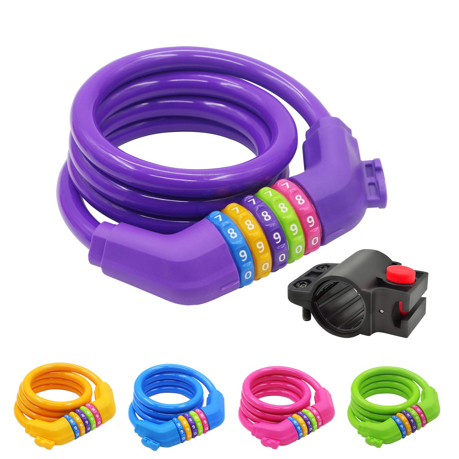 IDEALUXBike Lock Cable with Mounting Bracket - Bicycle Master Cable Lock with 5 Digit Combination - Bike Chain Lock- 4 Feet x 1/2 Inch