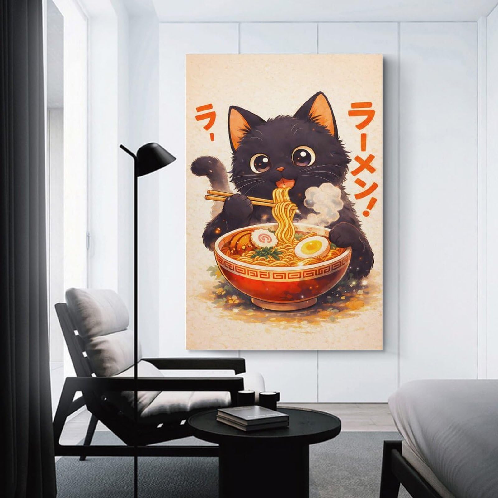 Junmoney Unframe-Style-23 Decorative Wall Artwork Black Cat Eating Ramen(2), 08X12inch(20X30cm), For New Homes, Bedrooms Or Workspaces, Canvas Artwork With Gifting Potential