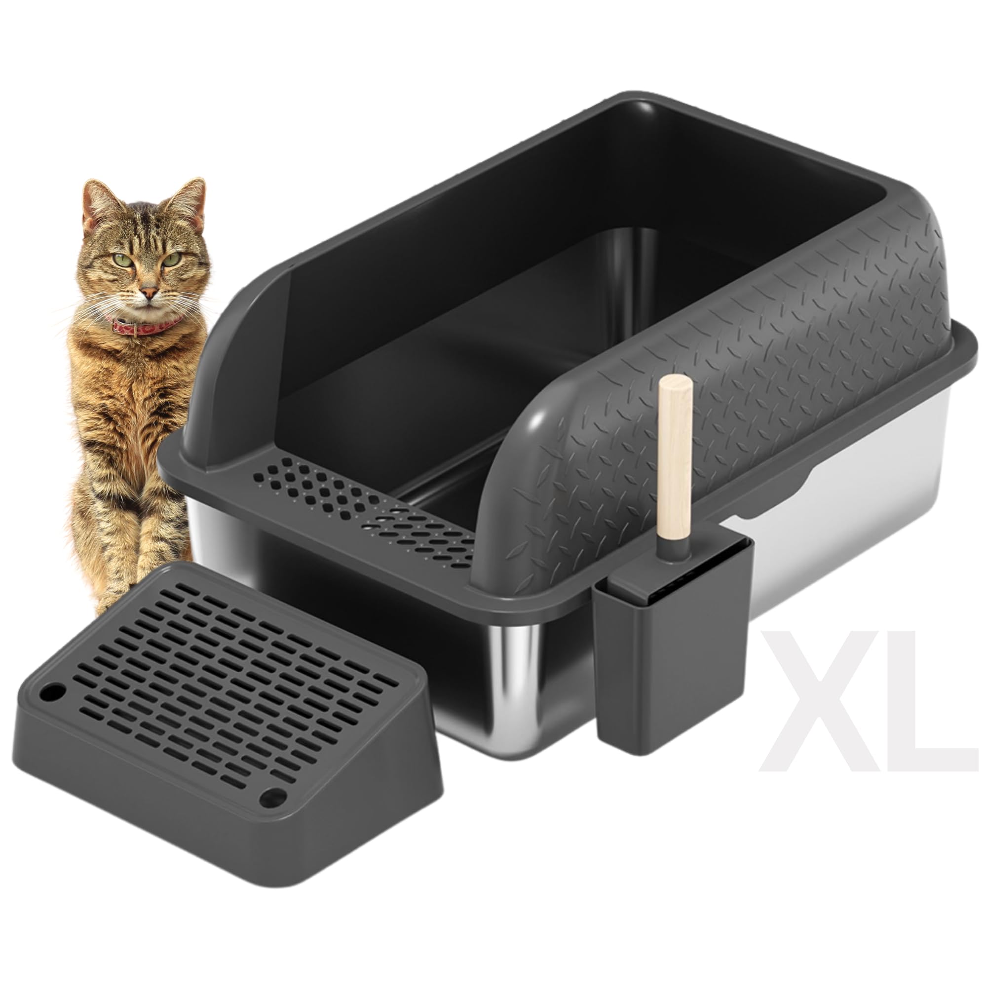 X Large Stainless Steel Cat Litter Box High Sided Covered Lid Enclosure Includes Litter Scoop with Holder Trapping Mat Essential Cat Supplies for