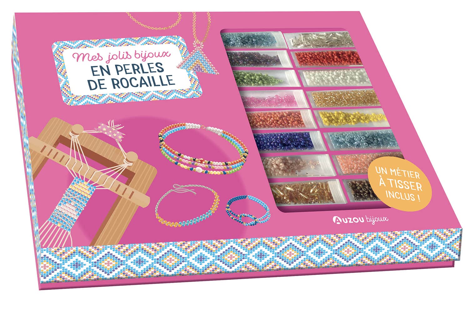 MA BOÎTE À BIJOUX - MES JOLIS BIJOUX EN PERLES DE ROCAILLE: Avec 15 tubes de perles de rocaille, 1 bobine de 15 mètres de fil de couture, 1 métier à tisser en bois, 10 fermoirs et un livret explicatif