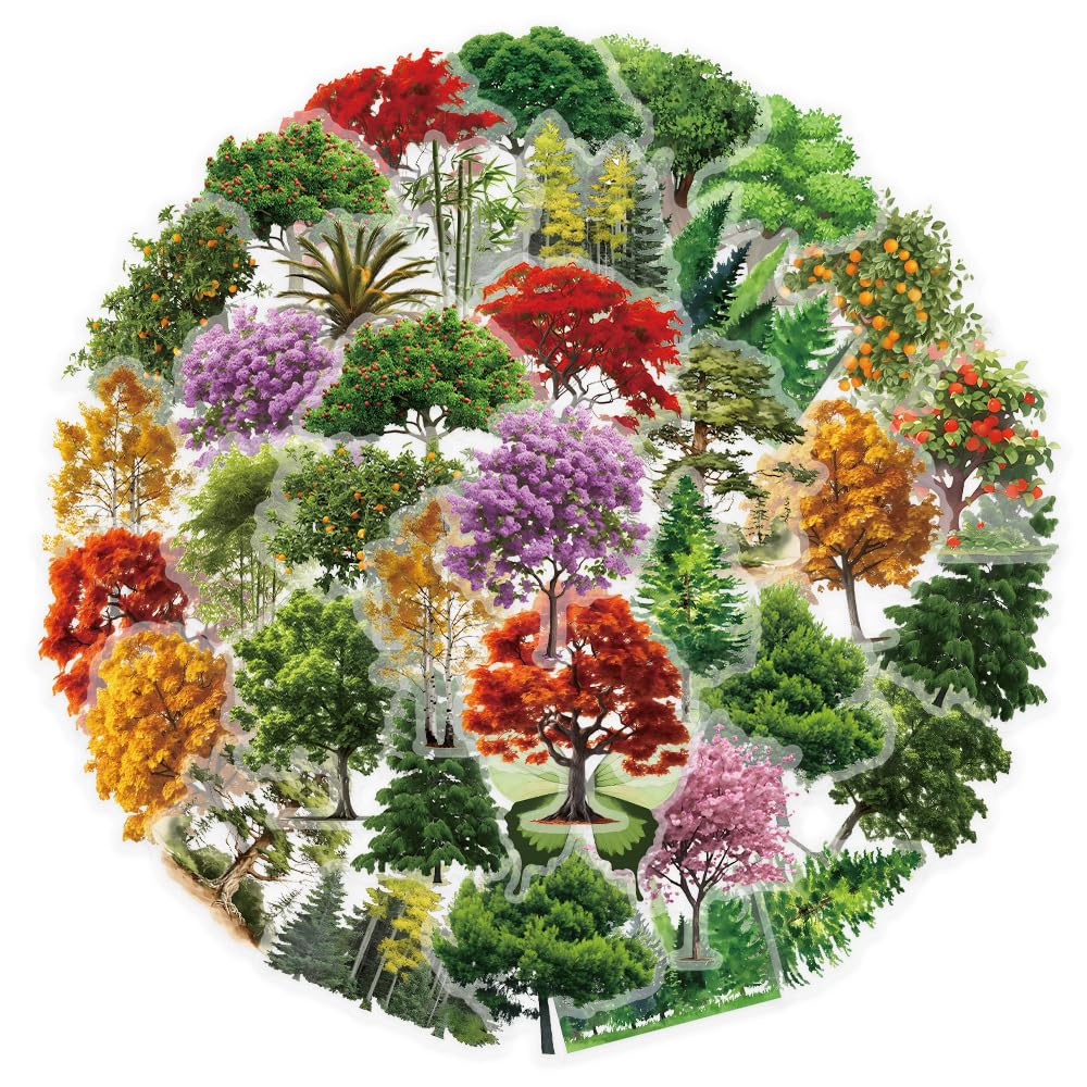 Aesthetic Tree Polyester Stickers, 50 PCS Waterproof Realistic Plant Decals for Laptops, Scrapbooking, Journals, Notebooks, Water Bottles, Suitcases,