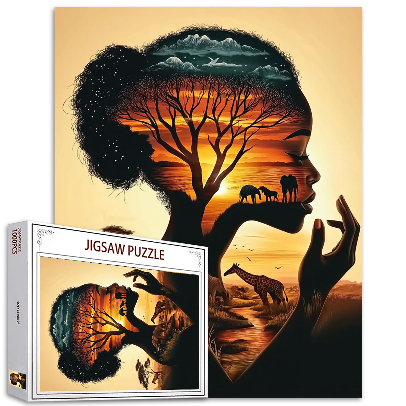 Black Girl Jigsaw Puzzles 1000 Pieces for Adults Families (Africa Woman,Elephant,Giraffe,Tree of Life) Pieces Fit Together Perfectly 19.7''x27.6''inch Landscape Performance Frameable Magic Puzzle Ar
