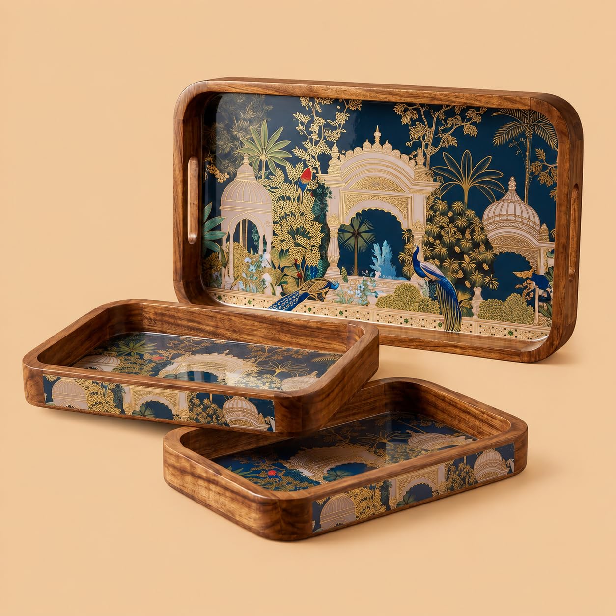 Wooden Serving Tray Set - Gold Engraved Design -1