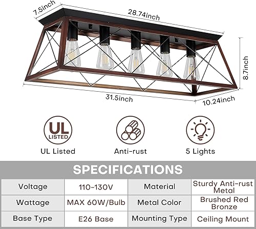 Miniatura 3 de Lámpara de techo de montaje empotrado de 31.5 pulgadas, lámpara industrial vintage de 5 luces con acabado negro mate y bronce cepillado, iluminación