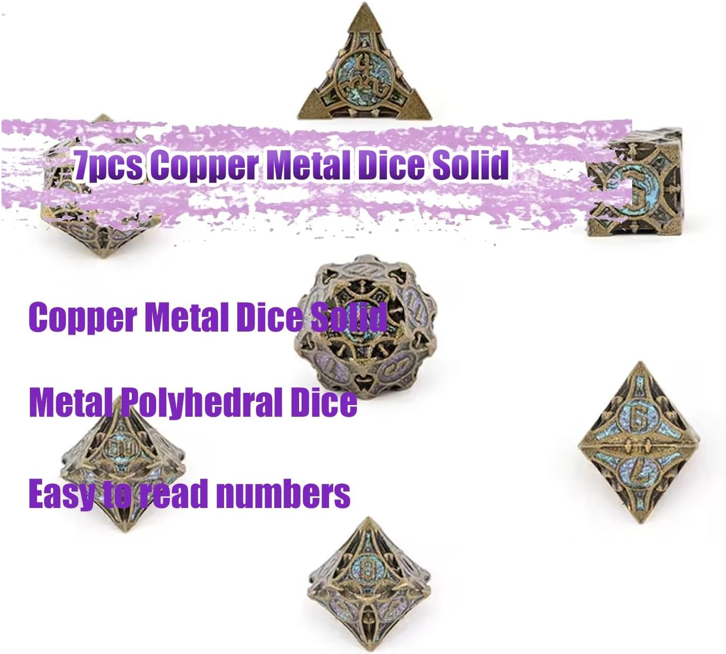 7pcs Copper Metal Dice Solid Metal Polyhedral Dice Set, Polyhedral Dice, Compatible with Role-Playing RPG Board Game Card Game