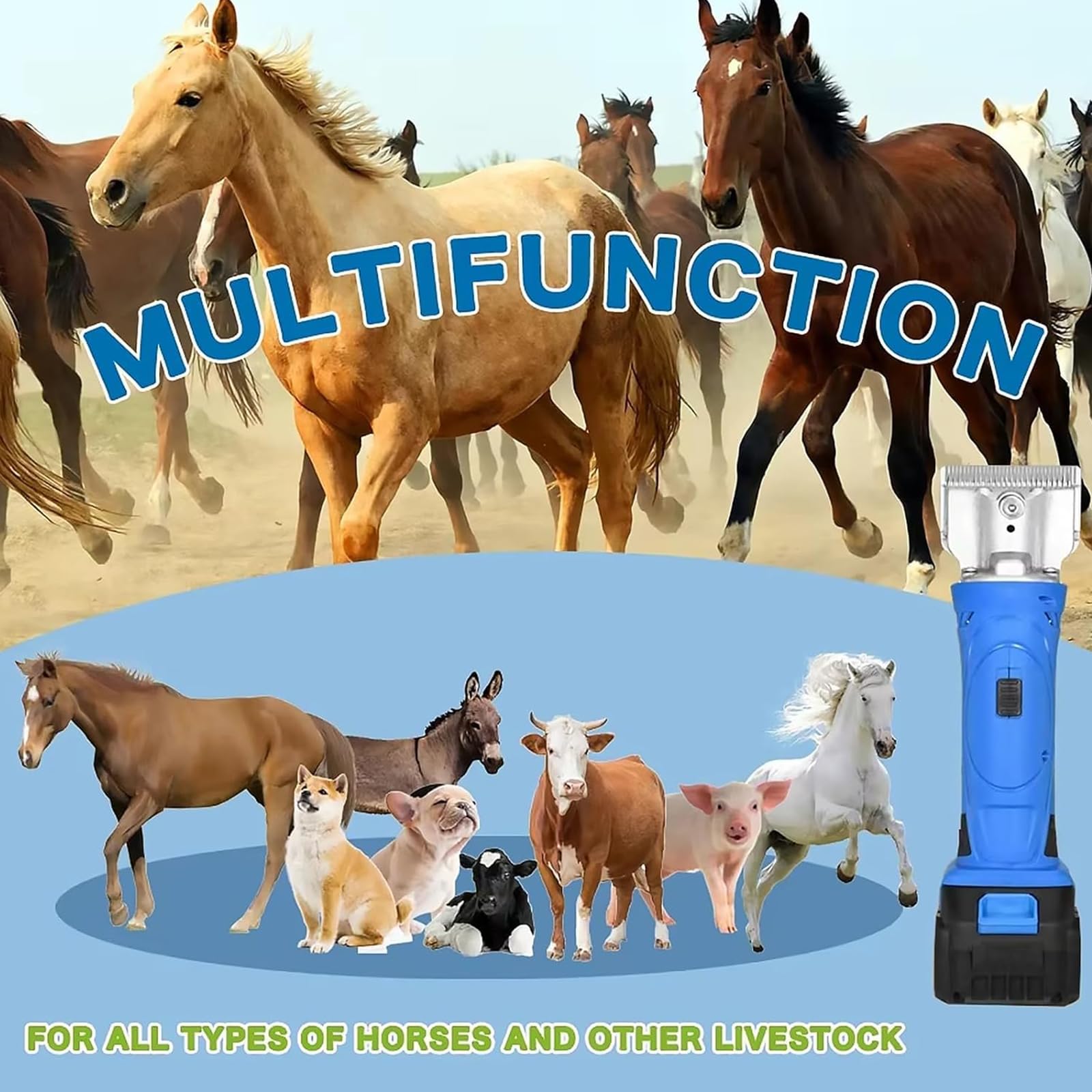 Esquiladora Inalámbrica para Caballos 500W, Cortadora Eléctrica de Grooming con 2 Baterías, Ajustable en 6 Velocidades, Cuchillas Desmontables de Acero al Carbono, para Caballos y Ponis de Pelo Grueso